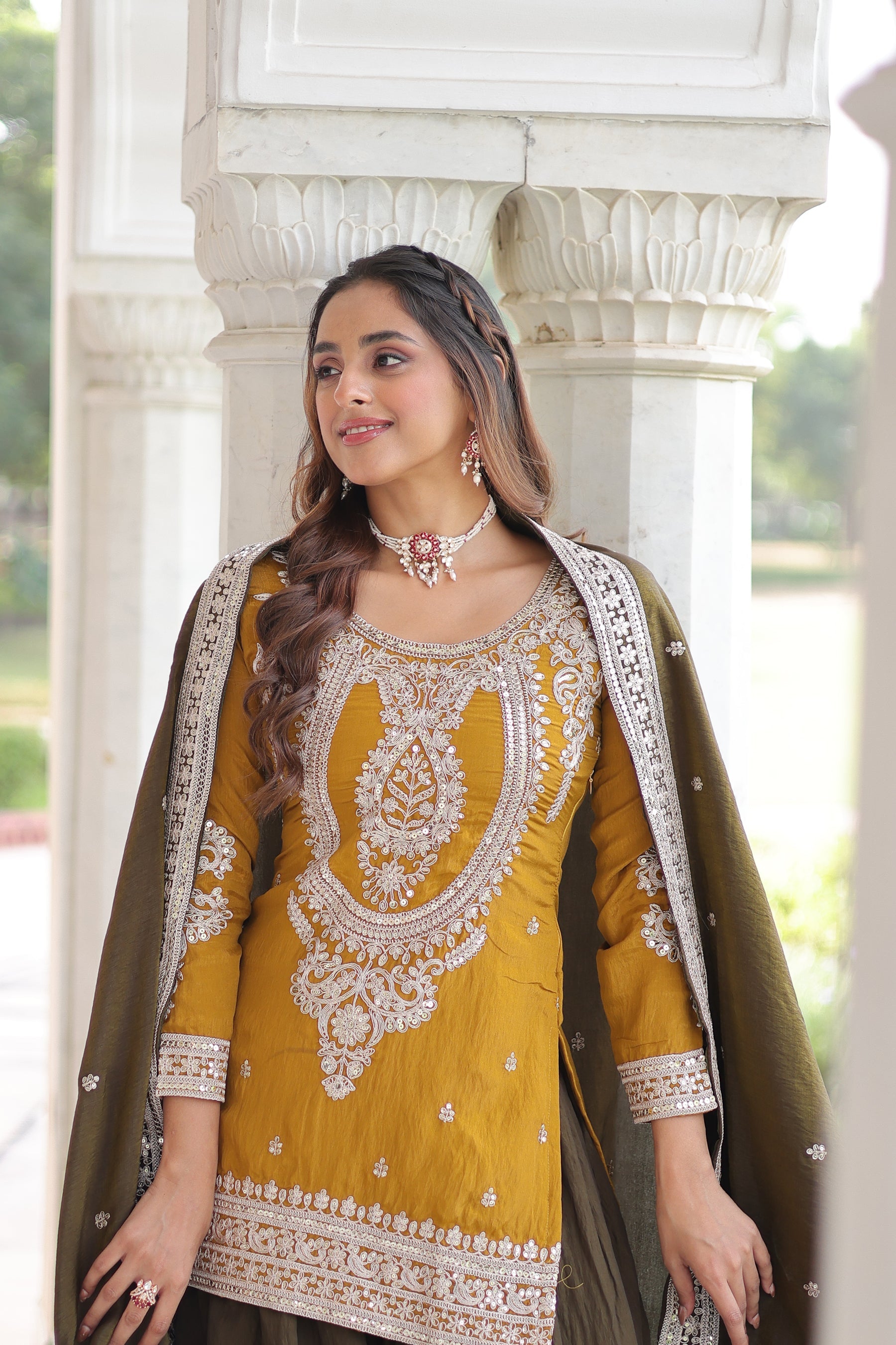 Lorenvalley Fashion Yellow NC Silk With Sequins and Coding Embroidered work Kurta Sharara with Dupatta