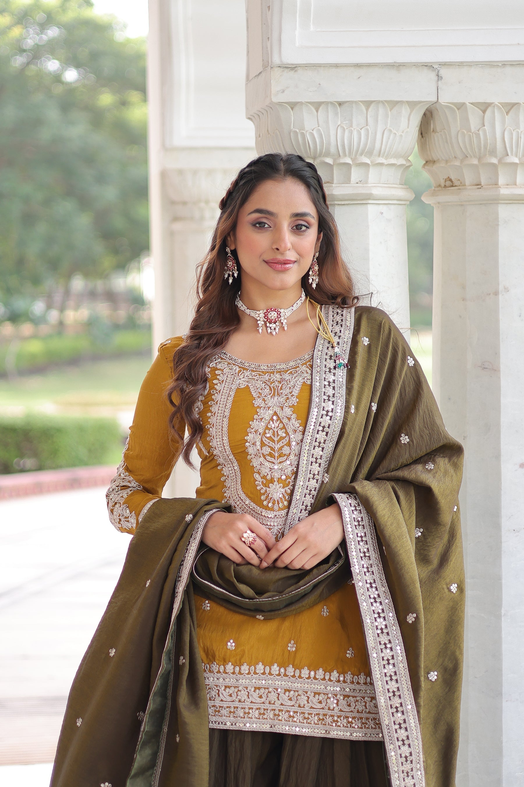 Lorenvalley Fashion Yellow NC Silk With Sequins and Coding Embroidered work Kurta Sharara with Dupatta