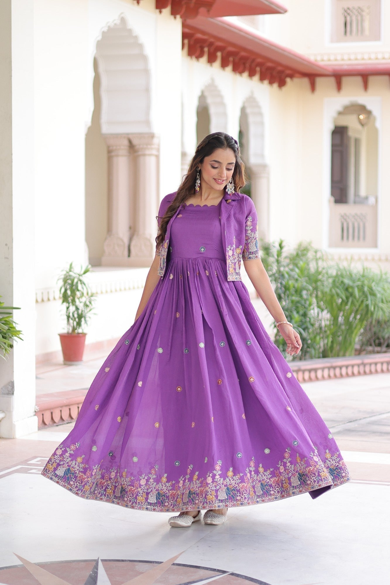 Lorenvalley Fashion Purple Vichitra Silk with Sequins, Zari & Thread Embroidered work Gown with Koti 