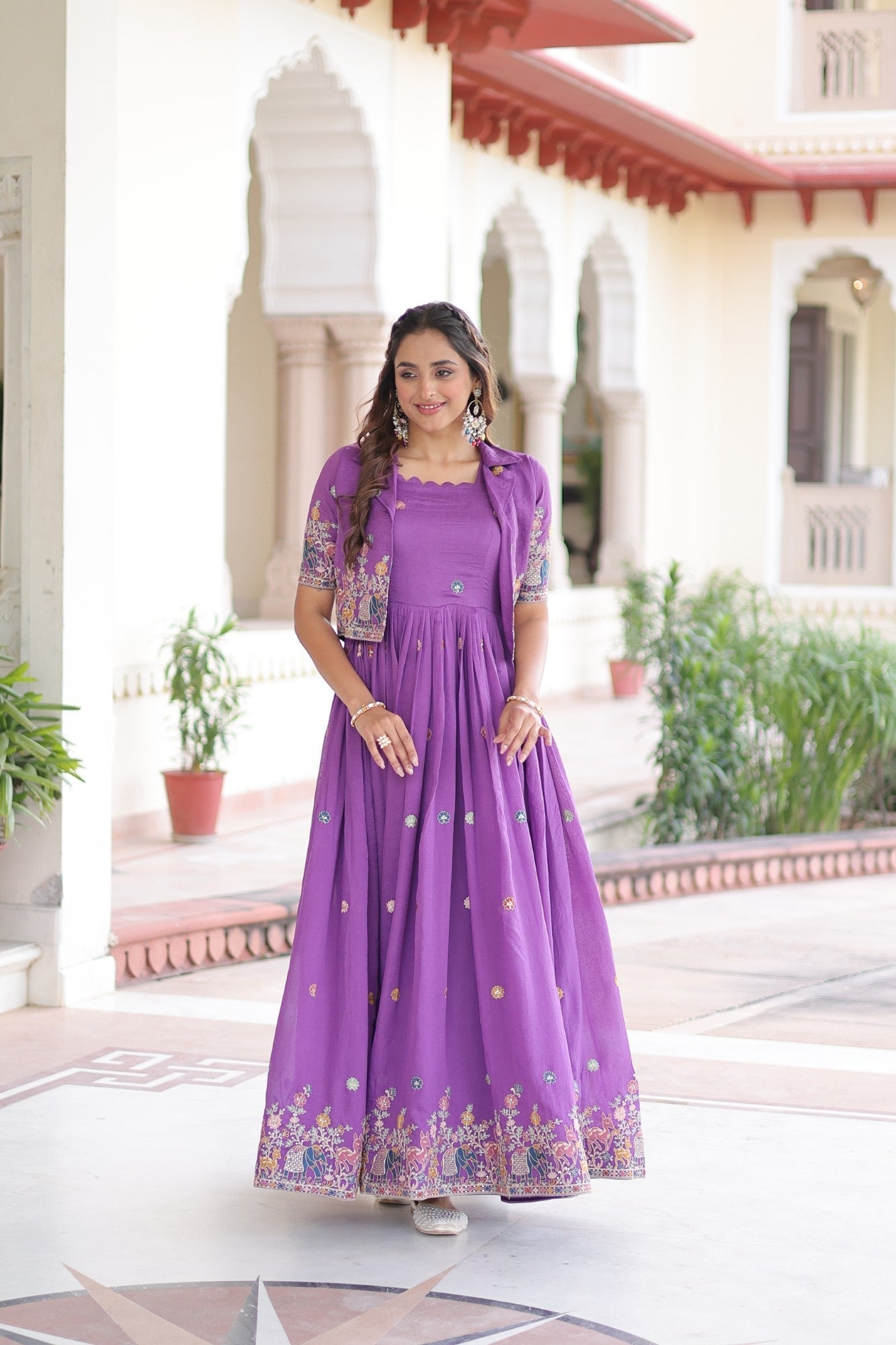 Lorenvalley Fashion Purple Vichitra Silk with Sequins, Zari & Thread Embroidered work Gown with Koti 