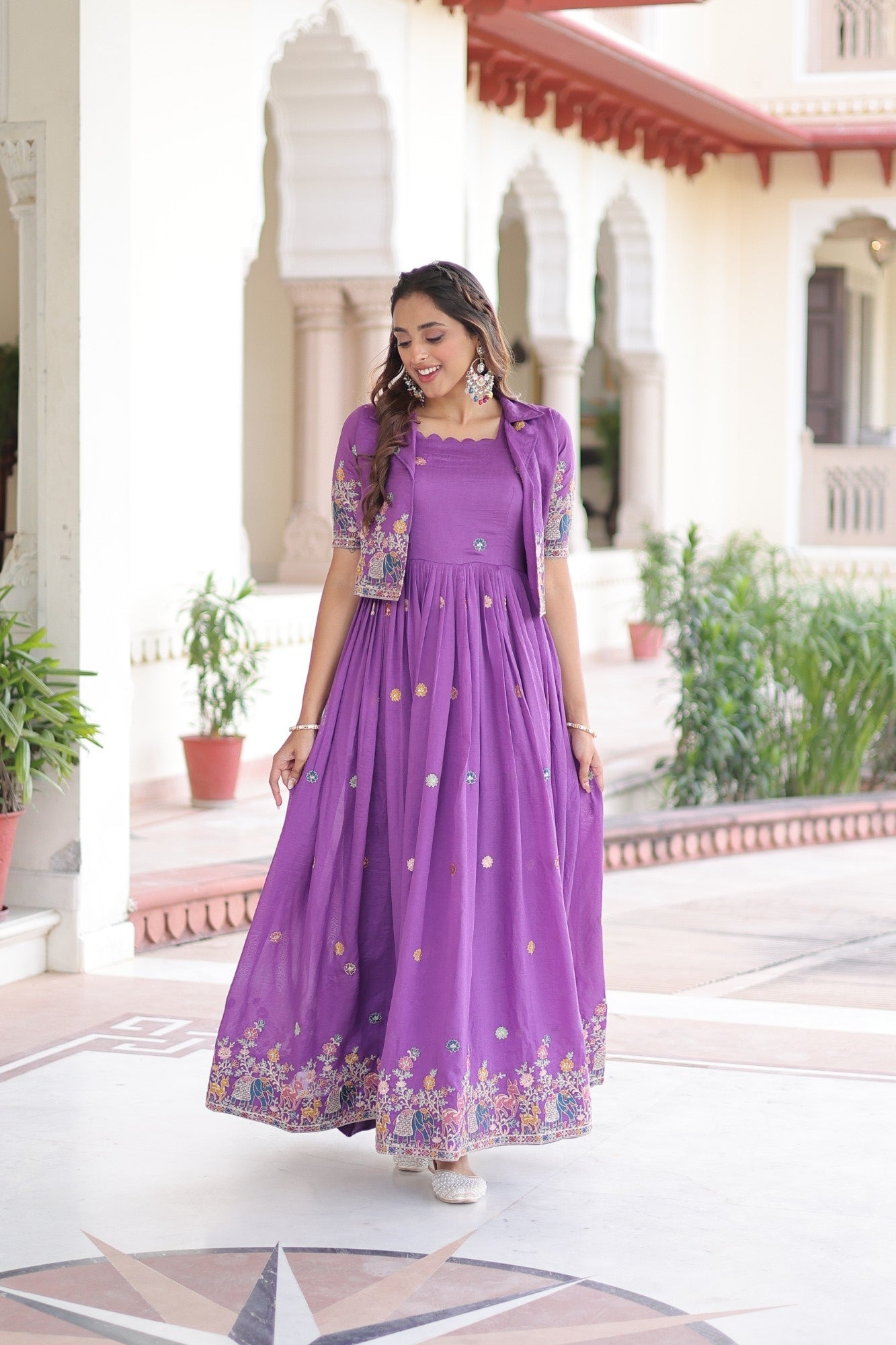 Lorenvalley Fashion Purple Vichitra Silk with Sequins, Zari & Thread Embroidered work Gown with Koti 
