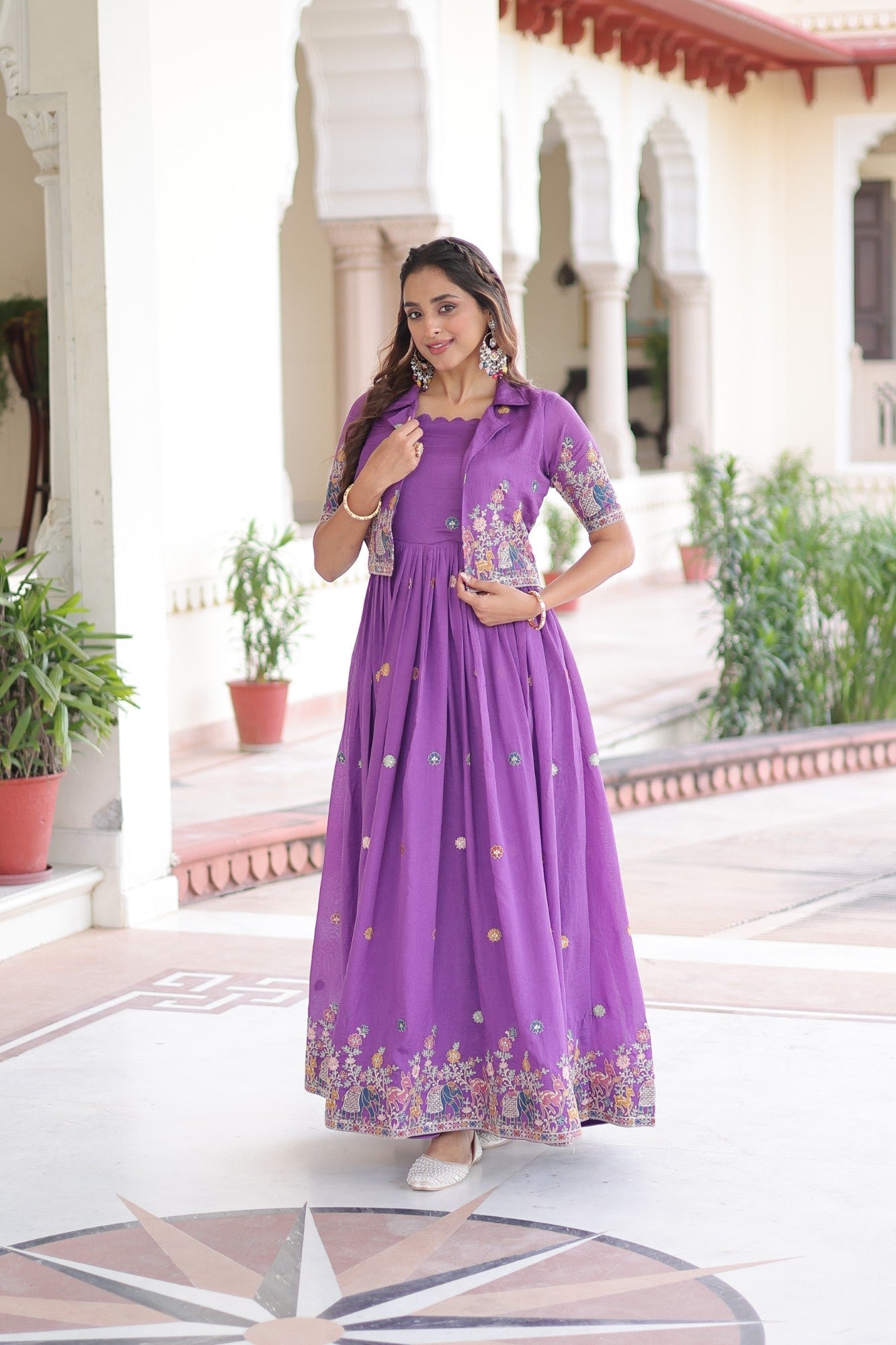 Lorenvalley Fashion Purple Vichitra Silk with Sequins, Zari & Thread Embroidered work Gown with Koti 