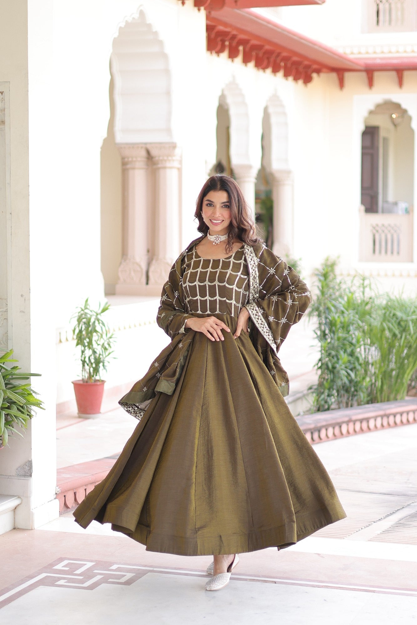 Lorenvalley Fashion Mehendi Vichitra Silk with Rich Sequins & Zari Embroidered work Anarkali Gown with Dupatta 