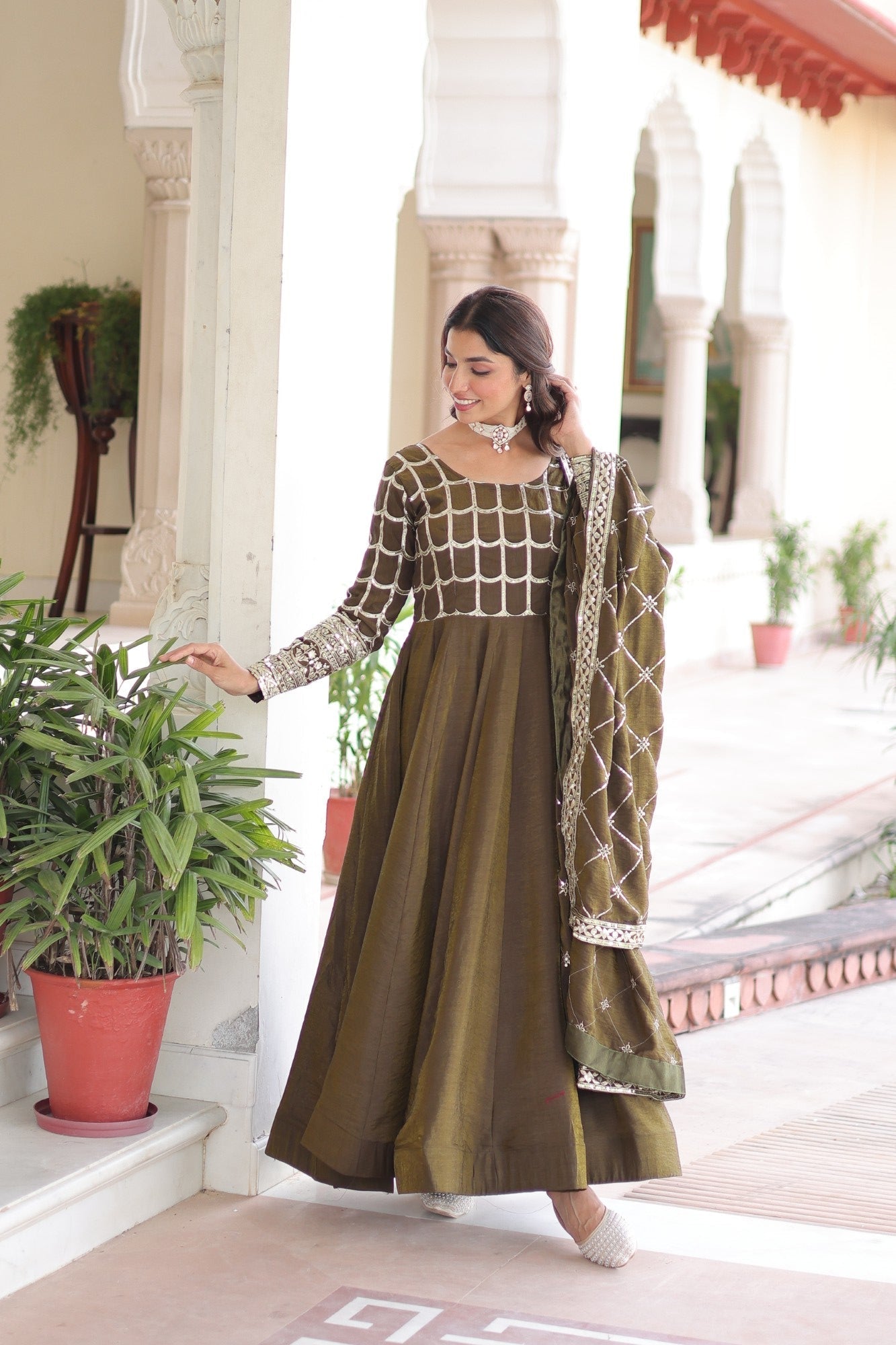 Lorenvalley Fashion Mehendi Vichitra Silk with Rich Sequins & Zari Embroidered work Anarkali Gown with Dupatta 