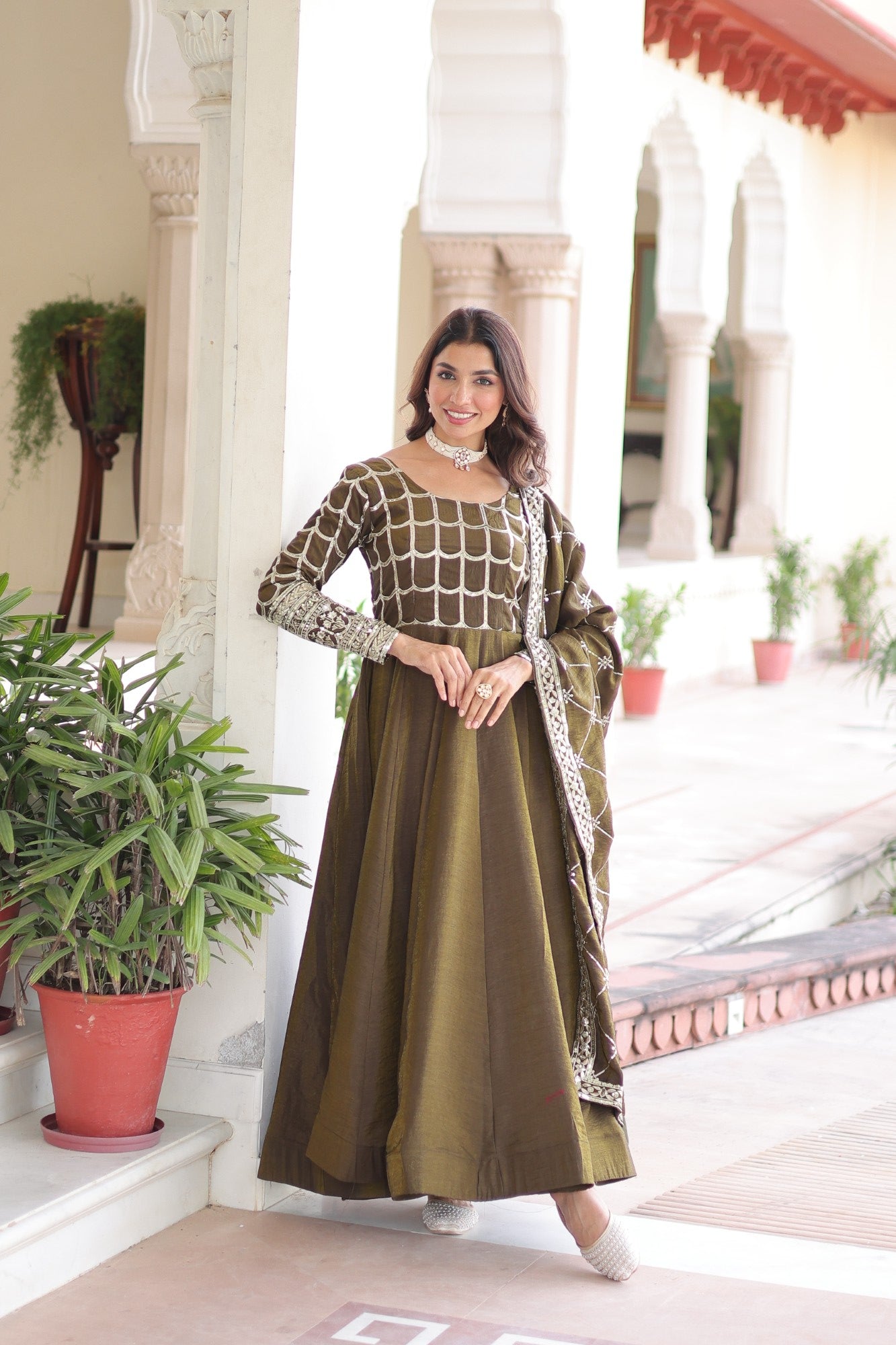 Lorenvalley Fashion Mehendi Vichitra Silk with Rich Sequins & Zari Embroidered work Anarkali Gown with Dupatta 