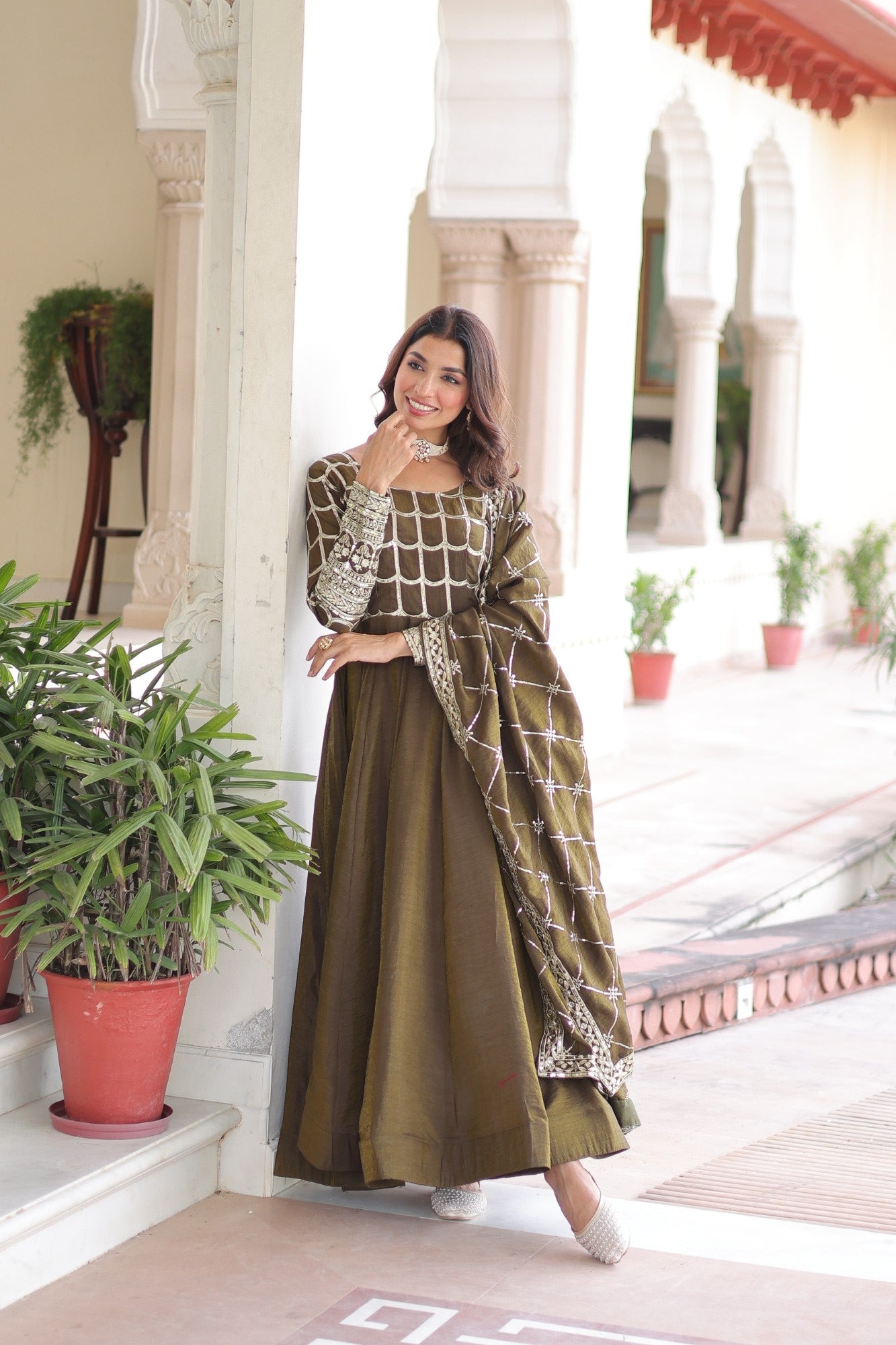 Lorenvalley Fashion Mehendi Vichitra Silk with Rich Sequins & Zari Embroidered work Anarkali Gown with Dupatta 