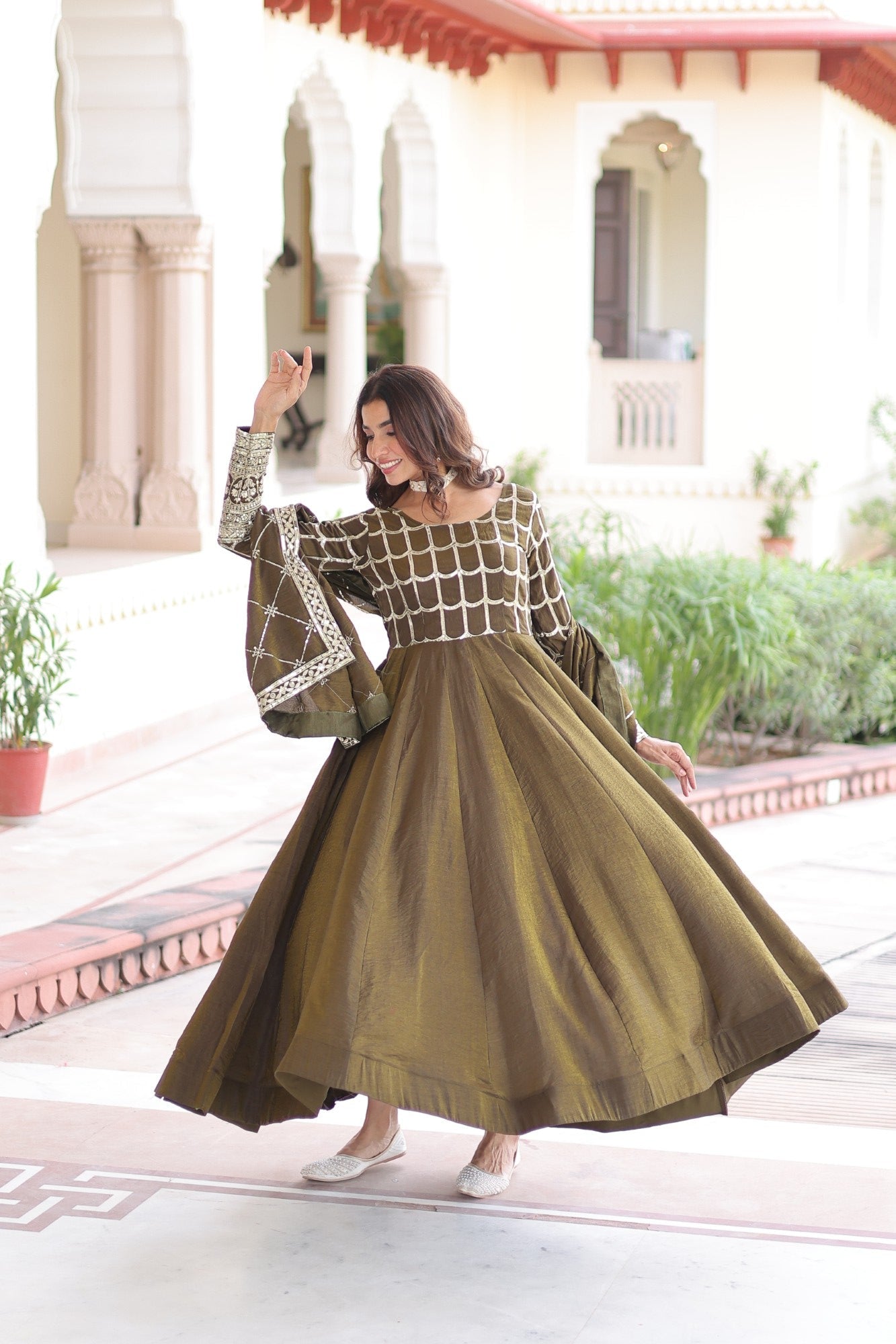 Lorenvalley Fashion Mehendi Vichitra Silk with Rich Sequins & Zari Embroidered work Anarkali Gown with Dupatta 