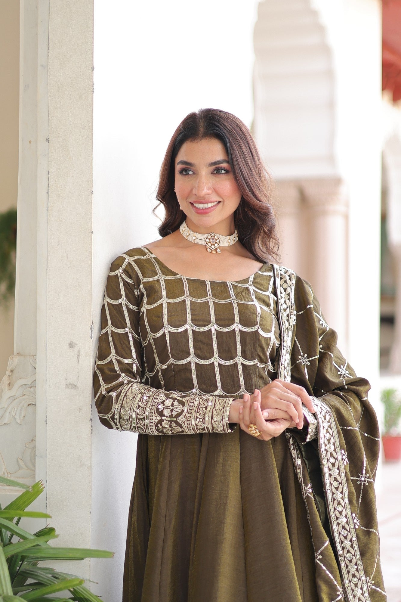 Lorenvalley Fashion Mehendi Vichitra Silk with Rich Sequins & Zari Embroidered work Anarkali Gown with Dupatta 
