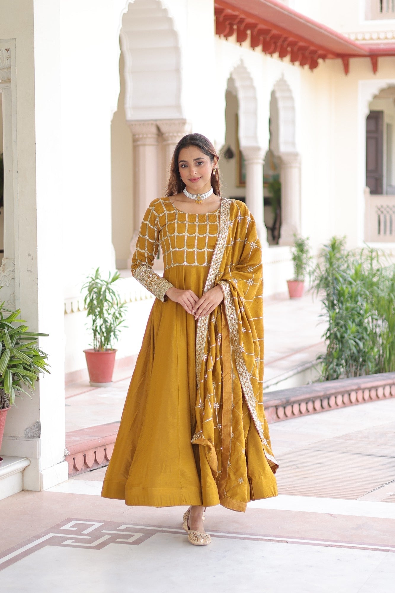 Lorenvalley Fashion Mustard Vichitra Silk with Rich Sequins & Zari Embroidered work Anarkali Gown with Dupatta 