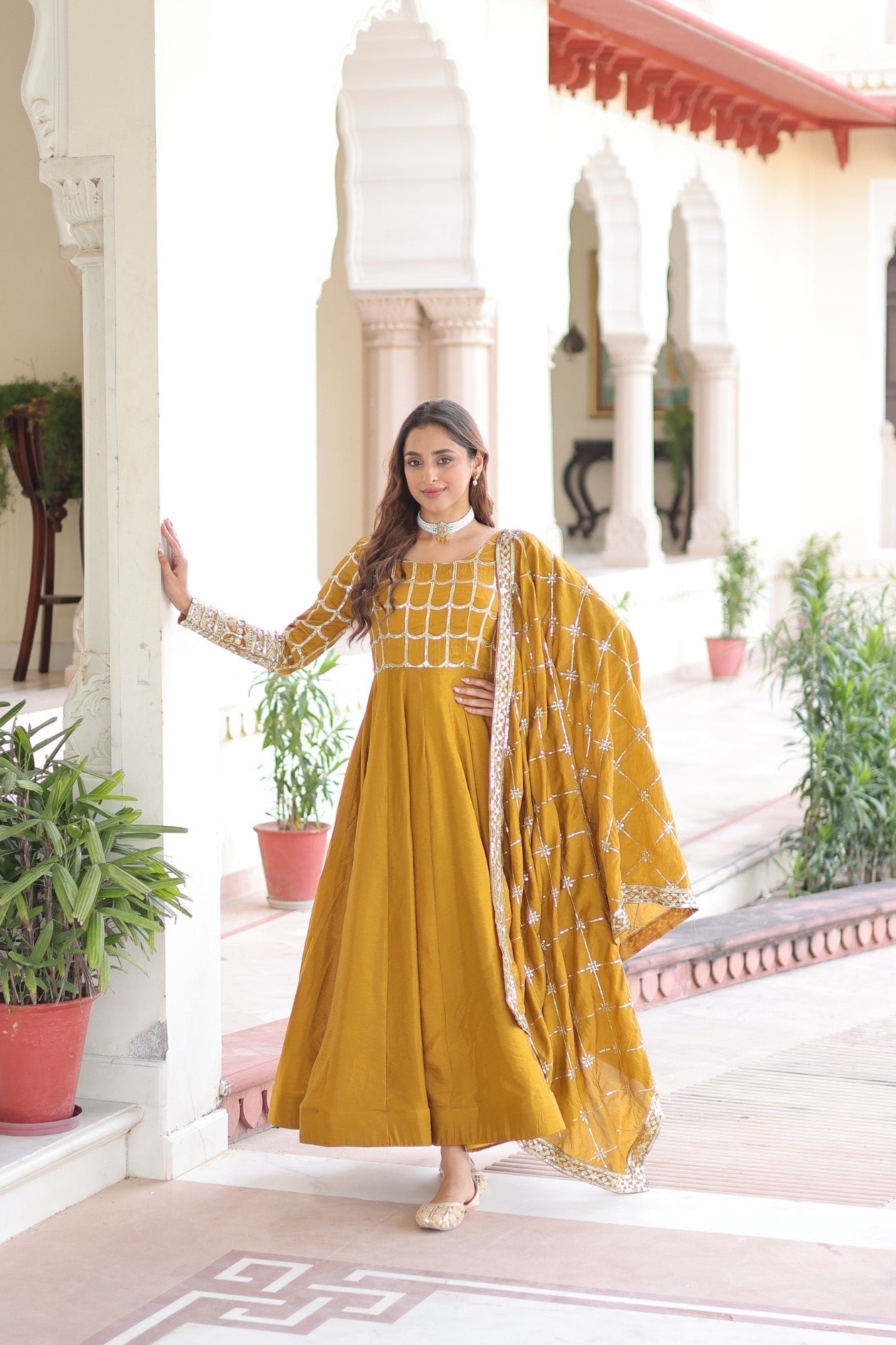 Lorenvalley Fashion Mustard Vichitra Silk with Rich Sequins & Zari Embroidered work Anarkali Gown with Dupatta 