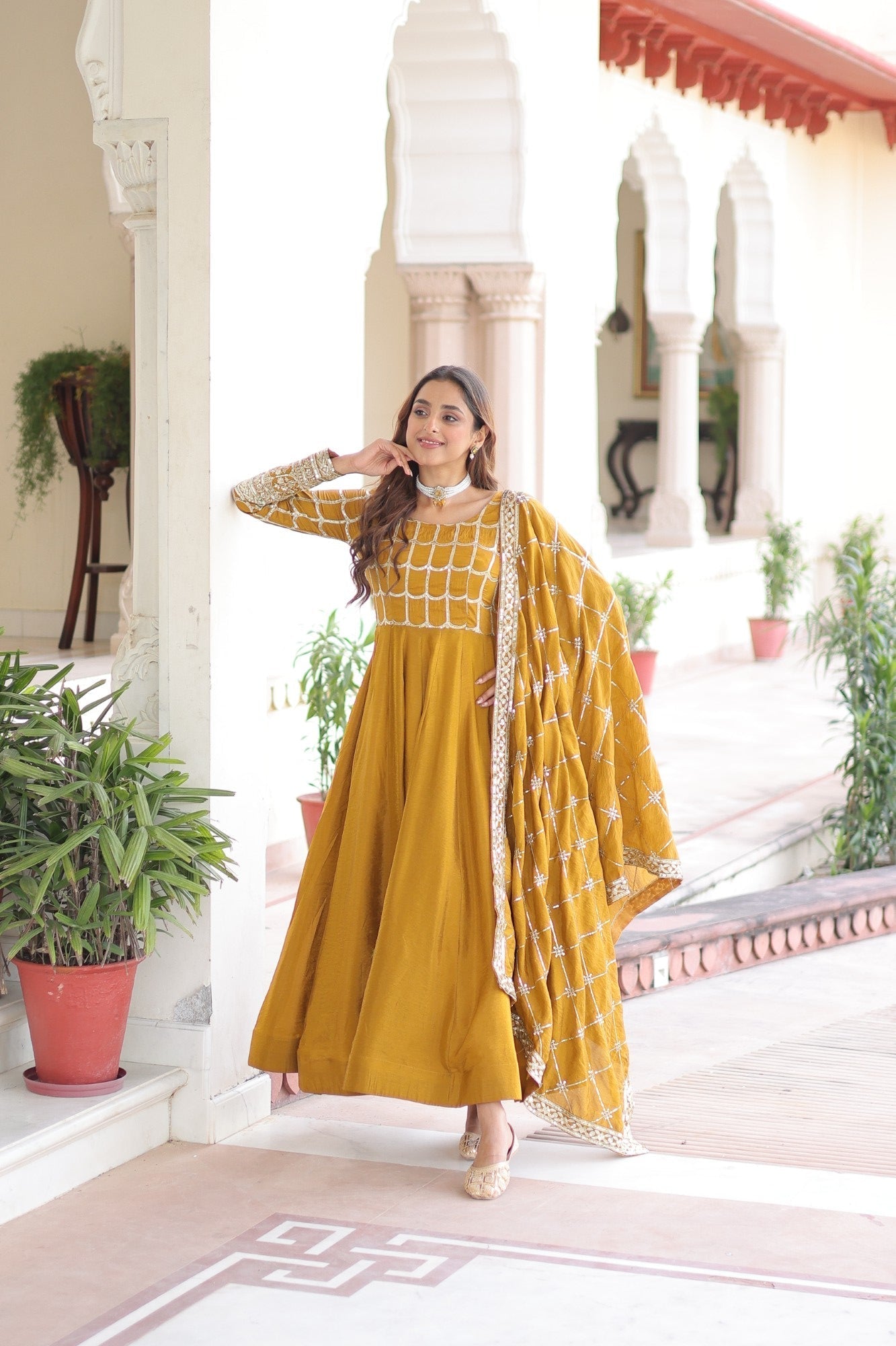 Lorenvalley Fashion Mustard Vichitra Silk with Rich Sequins & Zari Embroidered work Anarkali Gown with Dupatta 
