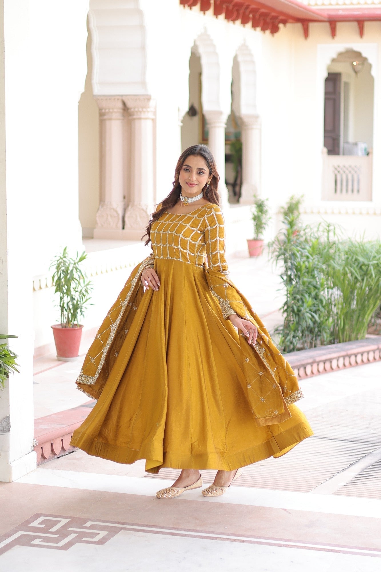 Lorenvalley Fashion Mustard Vichitra Silk with Rich Sequins & Zari Embroidered work Anarkali Gown with Dupatta 
