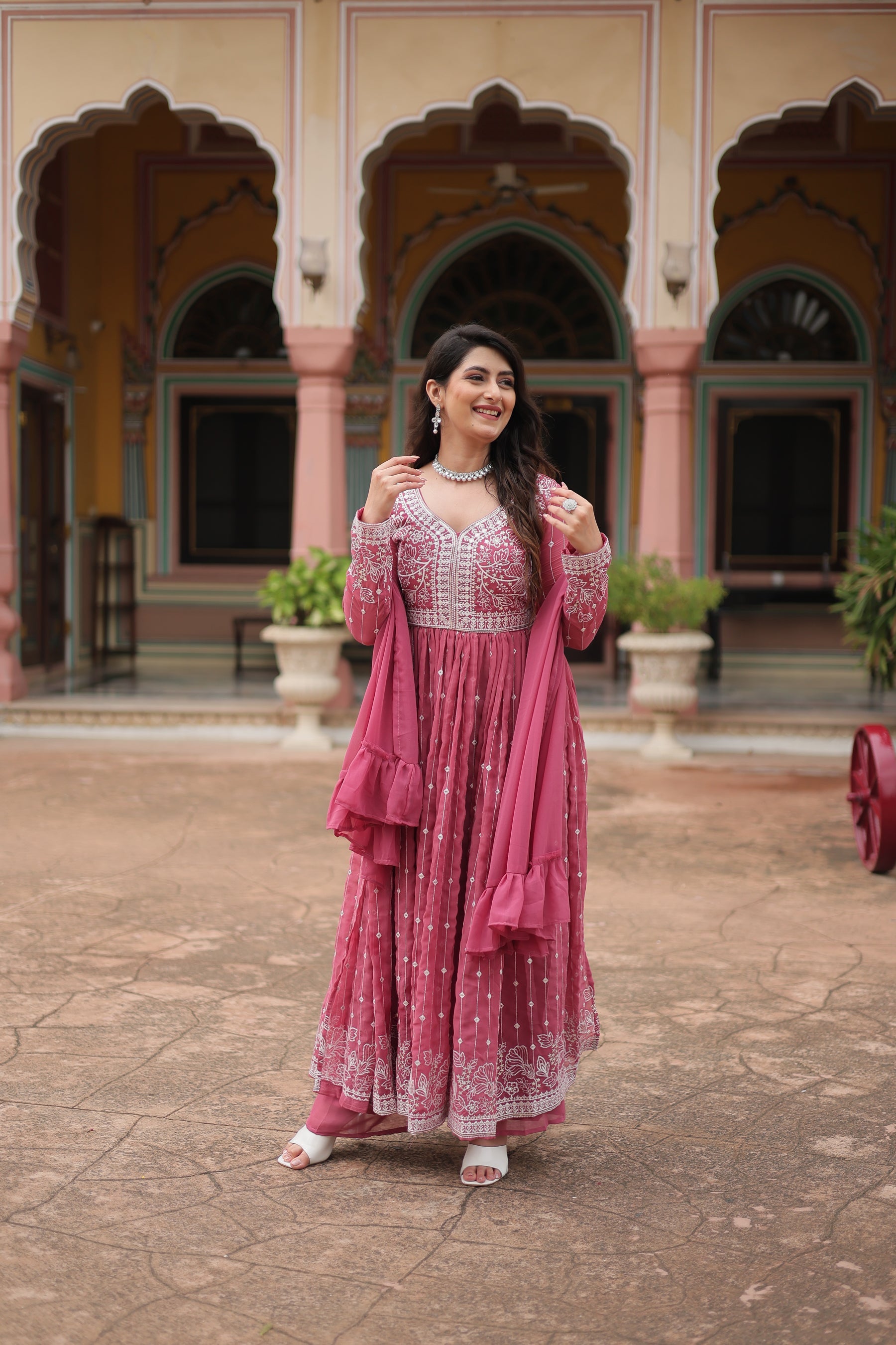 Lorenvalley Fashion Peach Faux Georgette With Rich Sequins & Thread Embroidered Work Kurta Palazzo With Dupatta