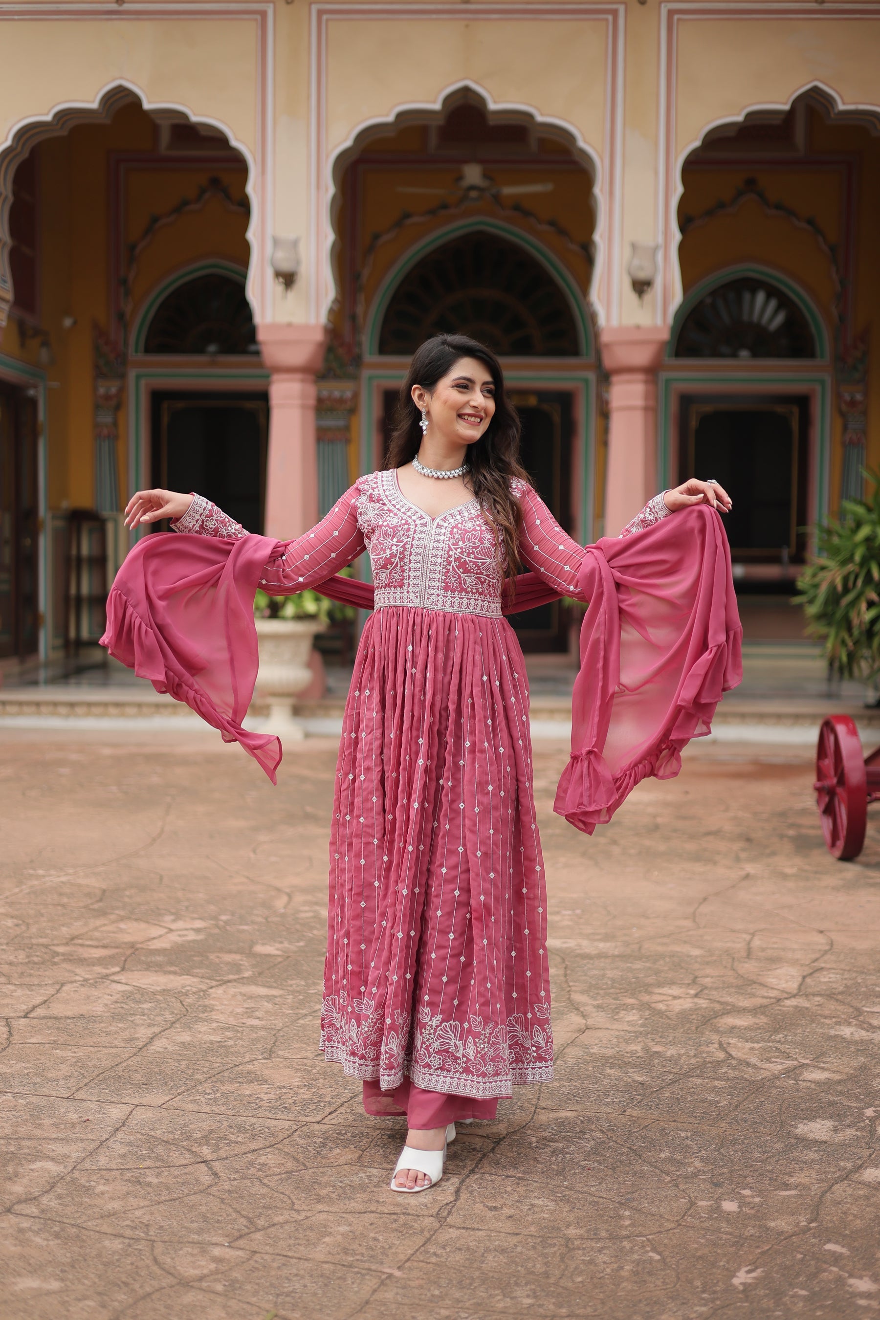 Lorenvalley Fashion Peach Faux Georgette With Rich Sequins & Thread Embroidered Work Kurta Palazzo With Dupatta
