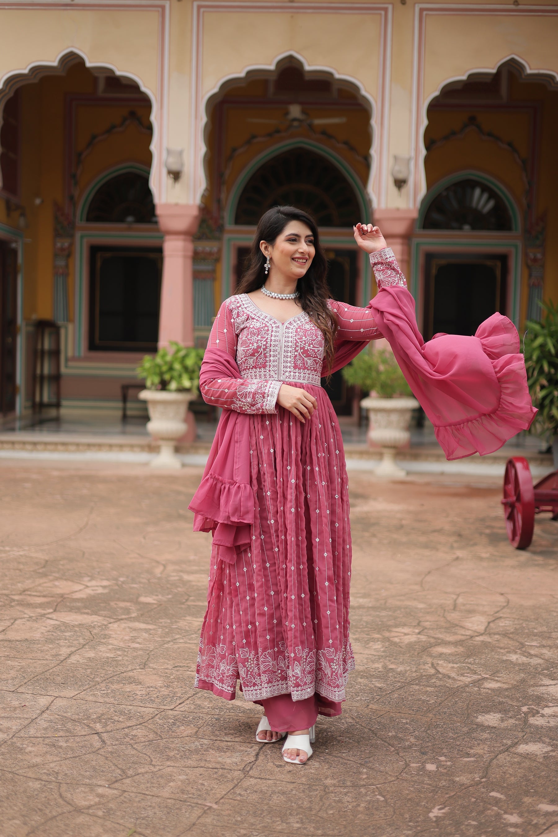 Lorenvalley Fashion Peach Faux Georgette With Rich Sequins & Thread Embroidered Work Kurta Palazzo With Dupatta