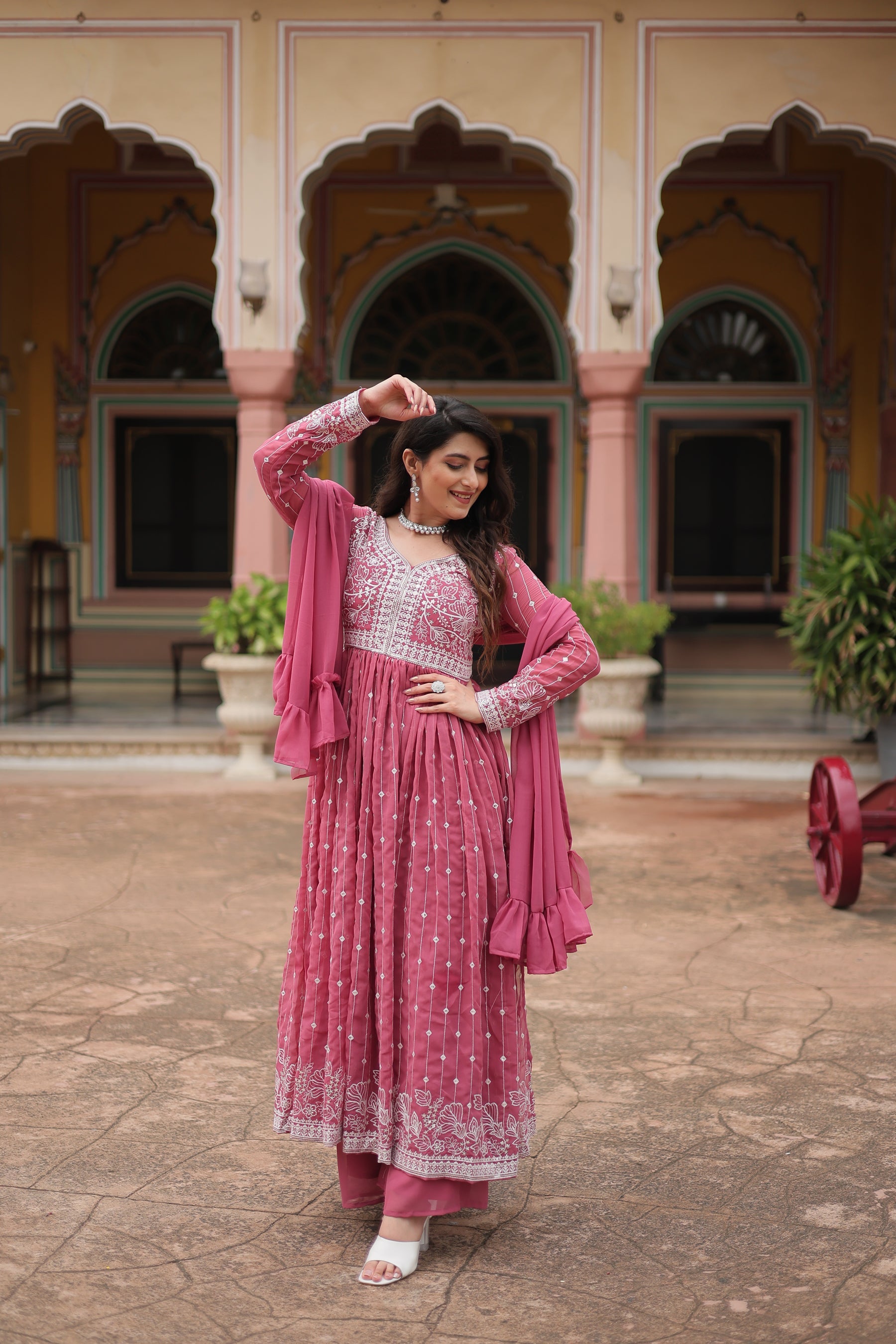 Lorenvalley Fashion Peach Faux Georgette With Rich Sequins & Thread Embroidered Work Kurta Palazzo With Dupatta