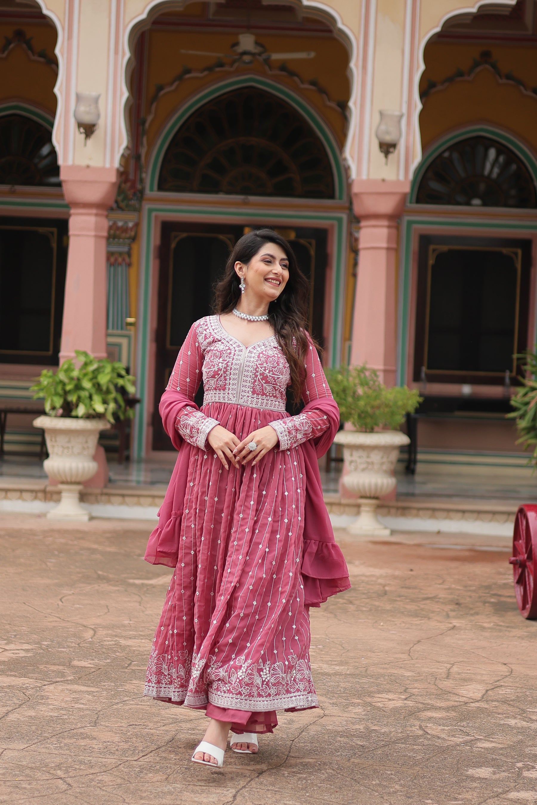 Lorenvalley Fashion Peach Faux Georgette With Rich Sequins & Thread Embroidered Work Kurta Palazzo With Dupatta