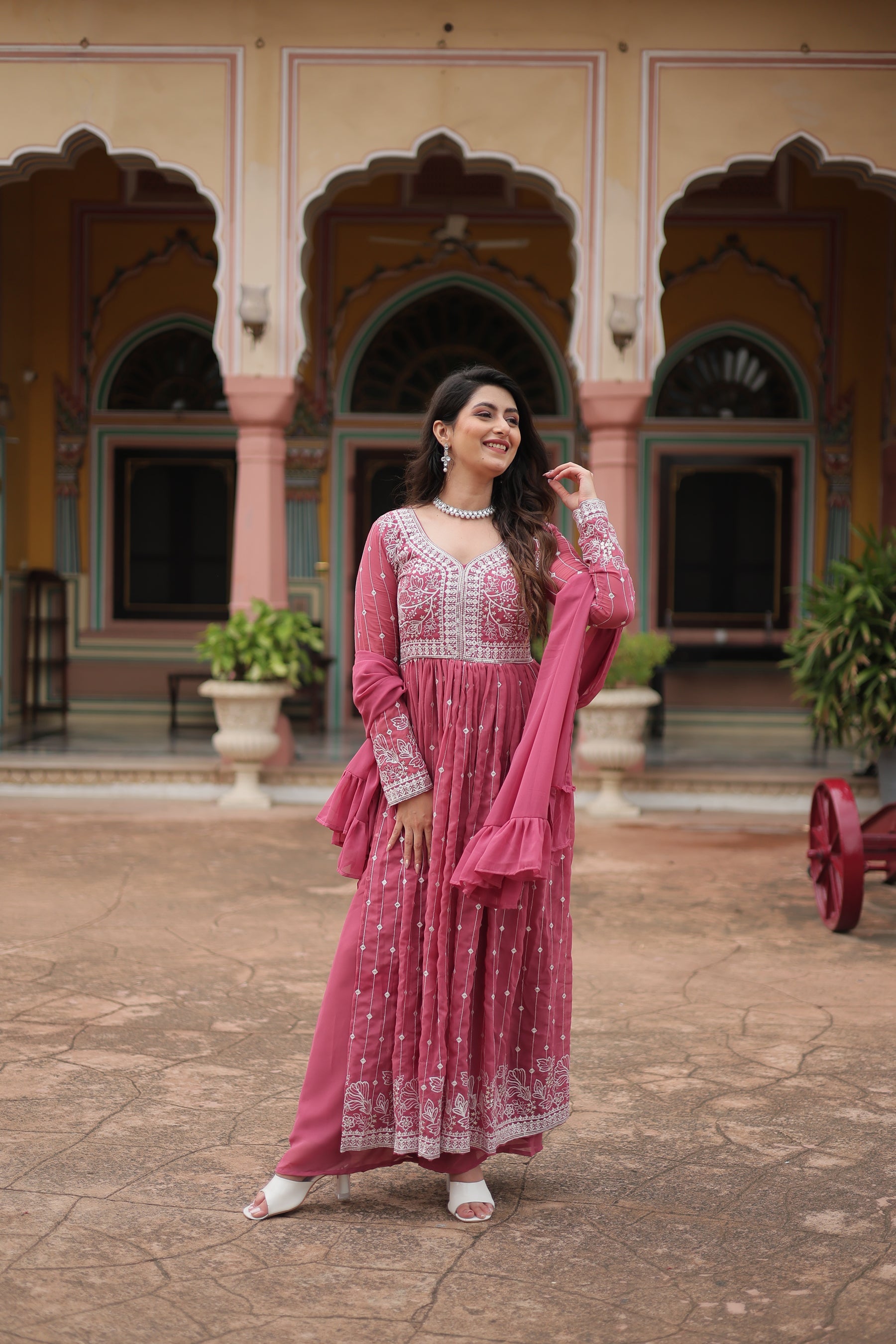 Lorenvalley Fashion Peach Faux Georgette With Rich Sequins & Thread Embroidered Work Kurta Palazzo With Dupatta