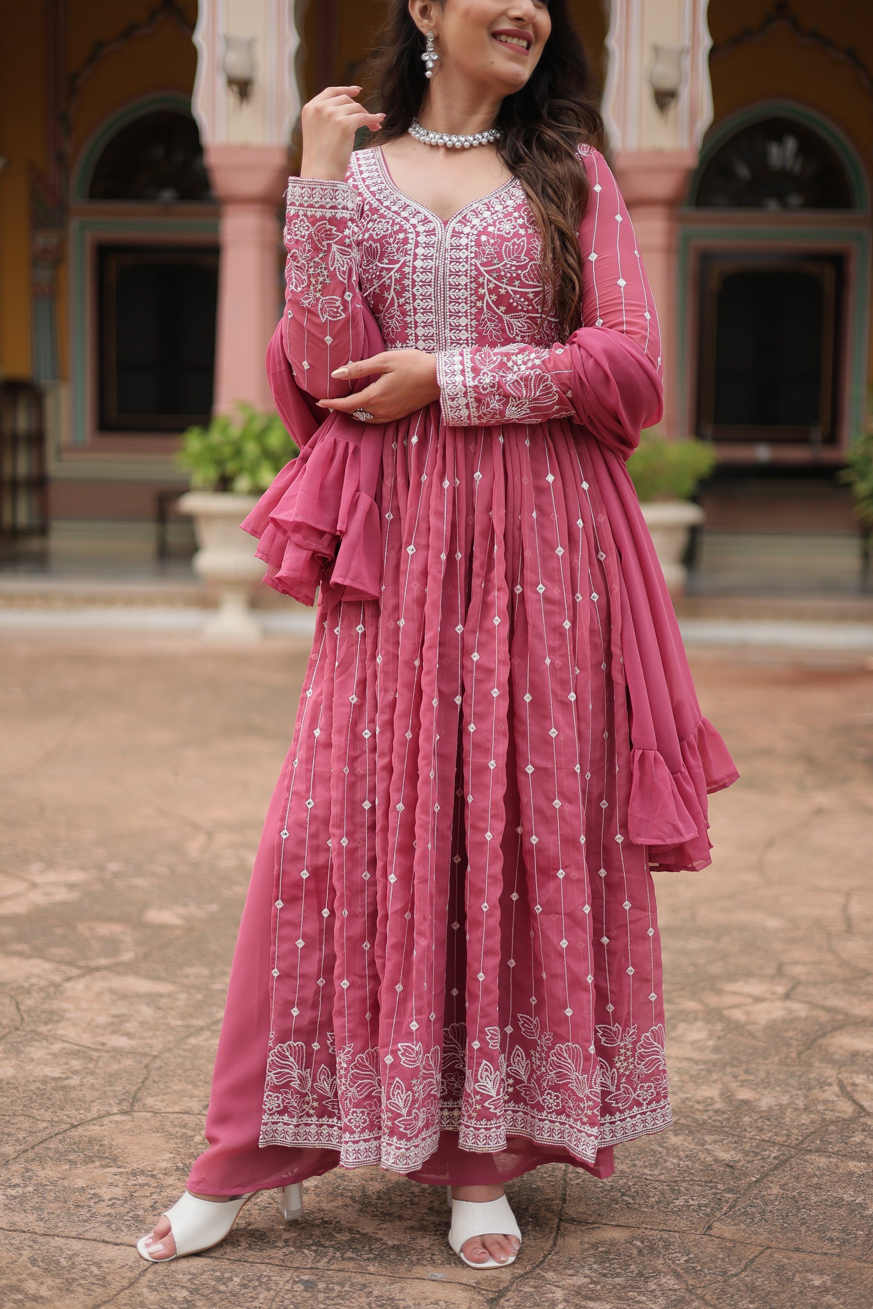 Lorenvalley Fashion Peach Faux Georgette With Rich Sequins & Thread Embroidered Work Kurta Palazzo With Dupatta
