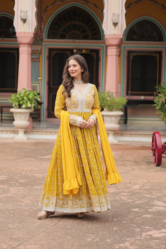 Lorenvalley Fashion Yellow Faux Georgette With Rich Sequins & Thread Embroidered Work Kurta Palazzo With Dupatta