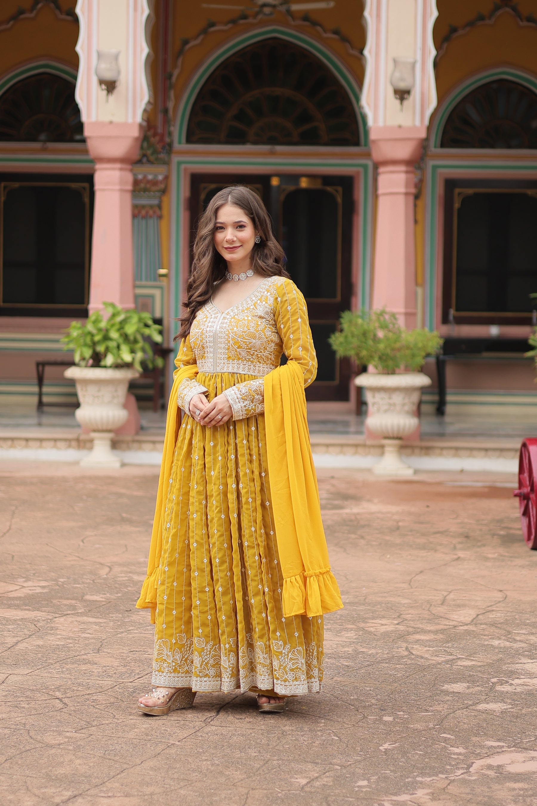 Lorenvalley Fashion Yellow Faux Georgette With Rich Sequins & Thread Embroidered Work Kurta Palazzo With Dupatta