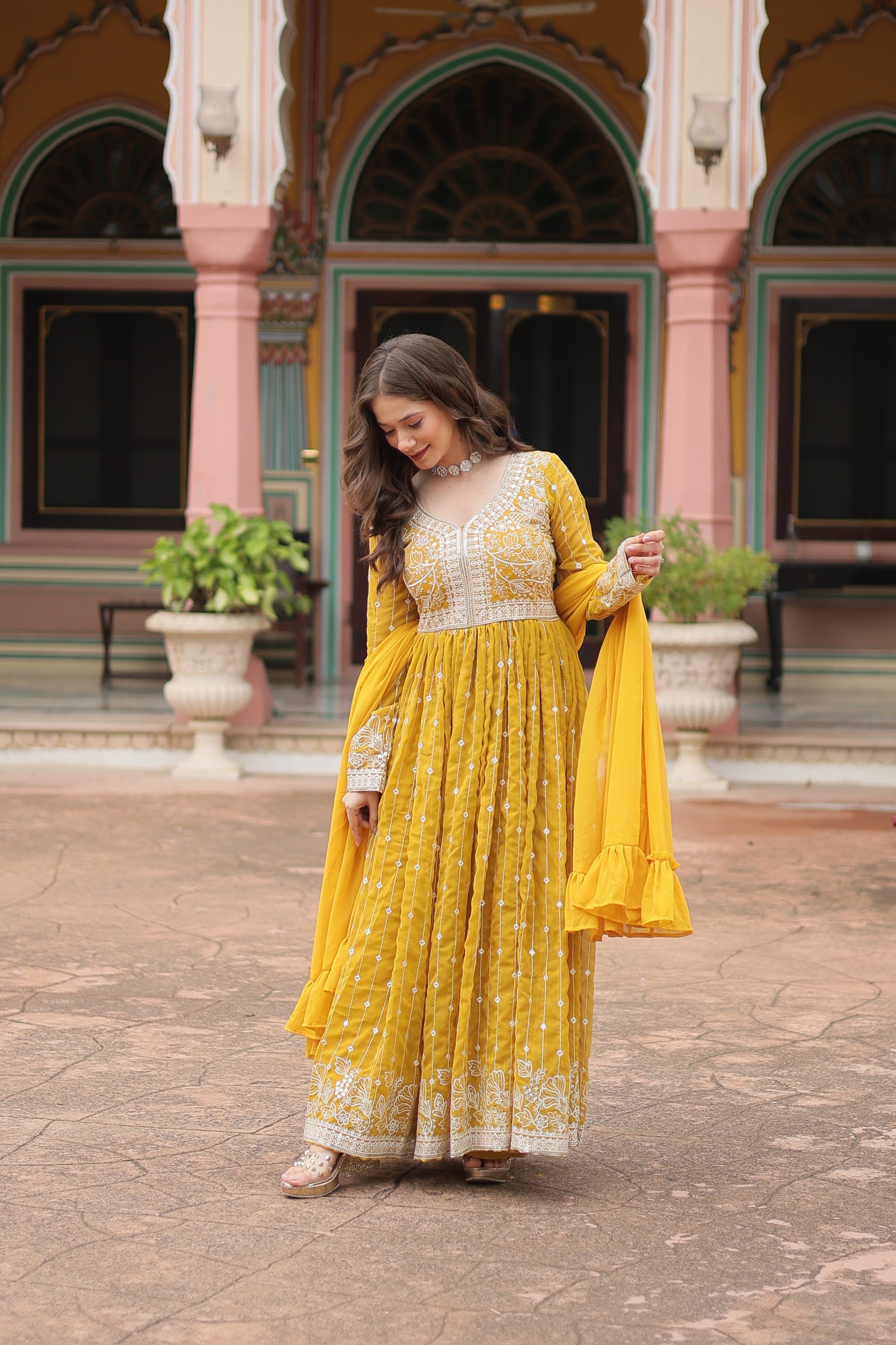 Lorenvalley Fashion Yellow Faux Georgette With Rich Sequins & Thread Embroidered Work Kurta Palazzo With Dupatta