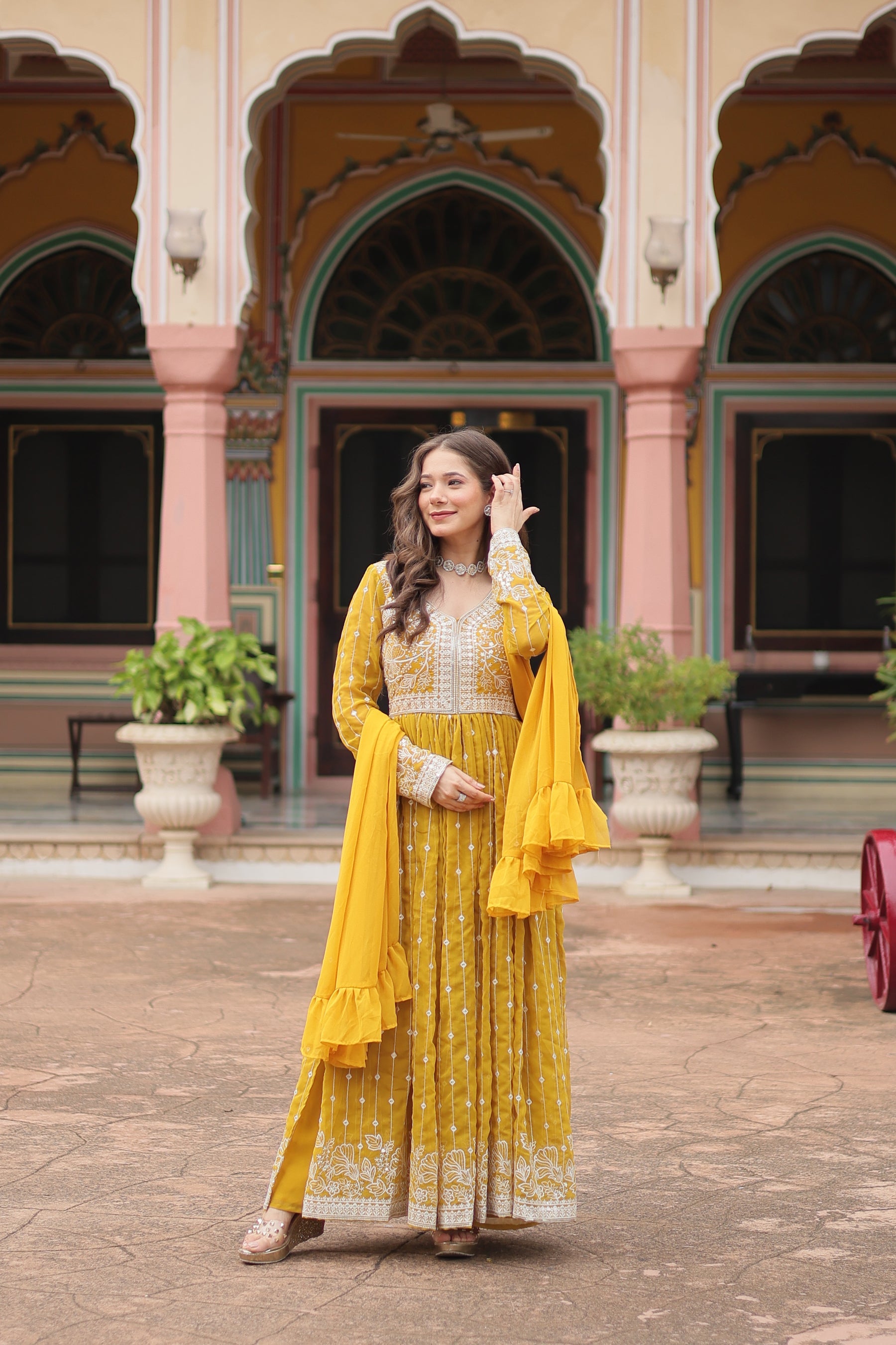 Lorenvalley Fashion Yellow Faux Georgette With Rich Sequins & Thread Embroidered Work Kurta Palazzo With Dupatta