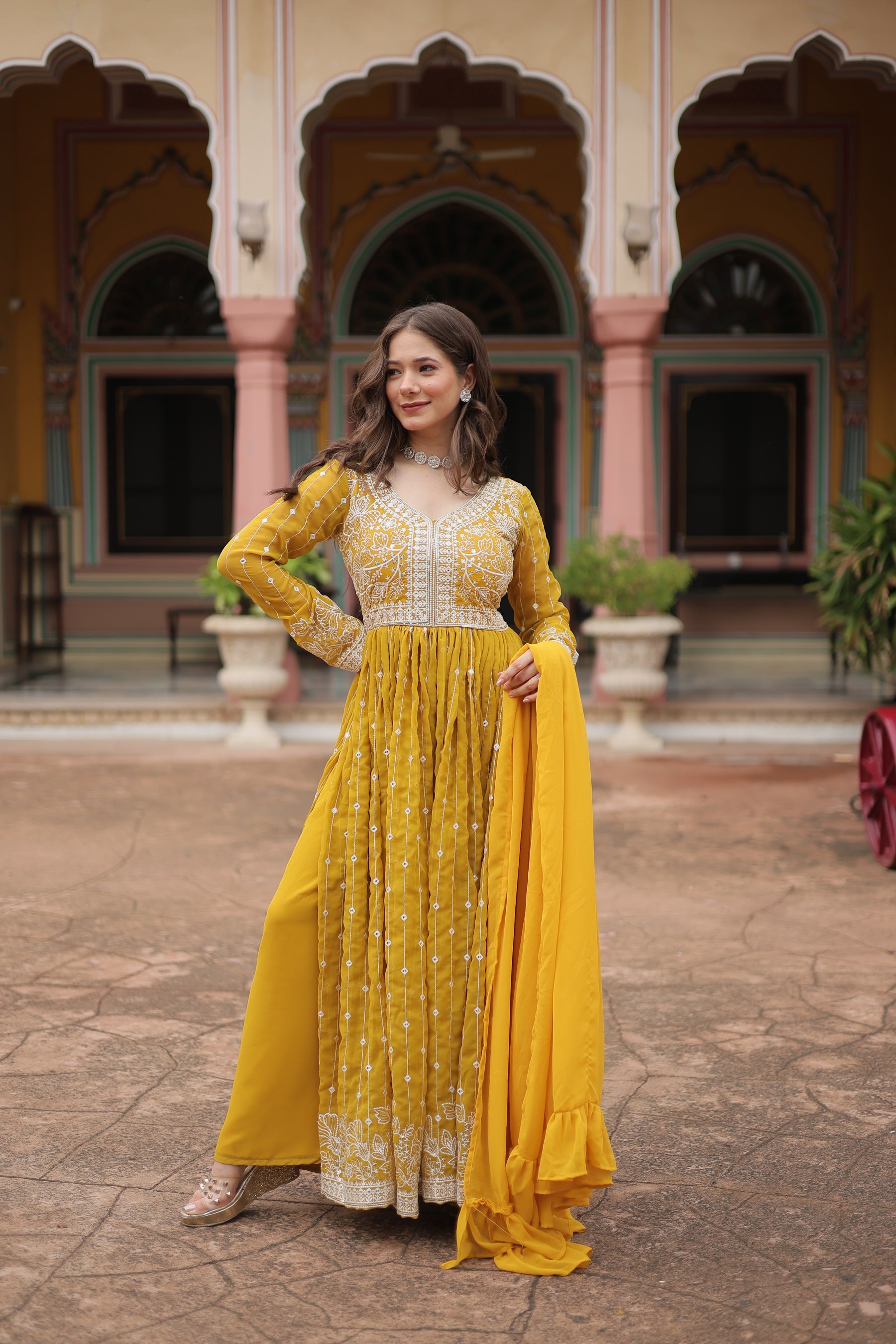 Lorenvalley Fashion Yellow Faux Georgette With Rich Sequins & Thread Embroidered Work Kurta Palazzo With Dupatta