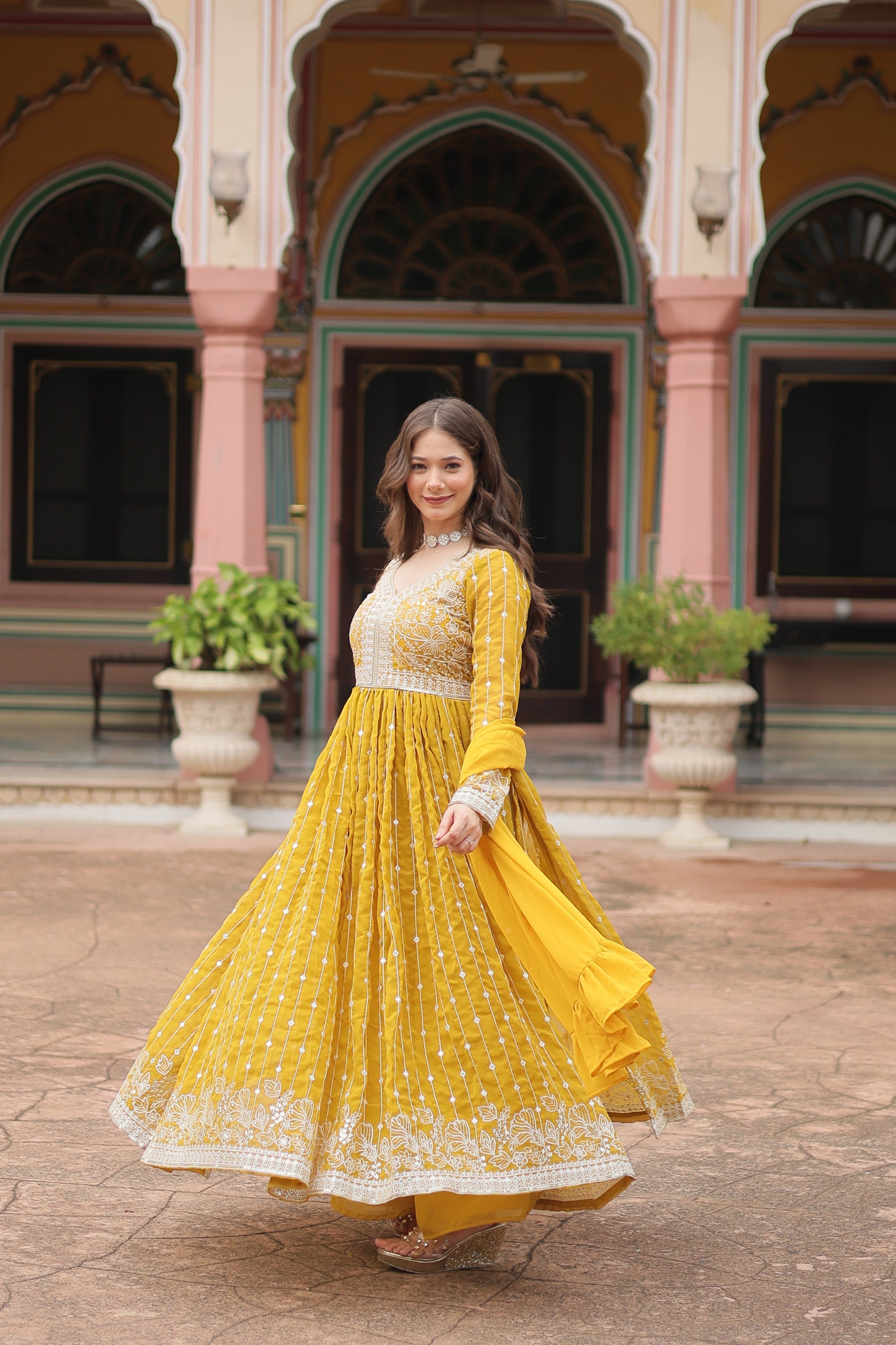 Lorenvalley Fashion Yellow Faux Georgette With Rich Sequins & Thread Embroidered Work Kurta Palazzo With Dupatta