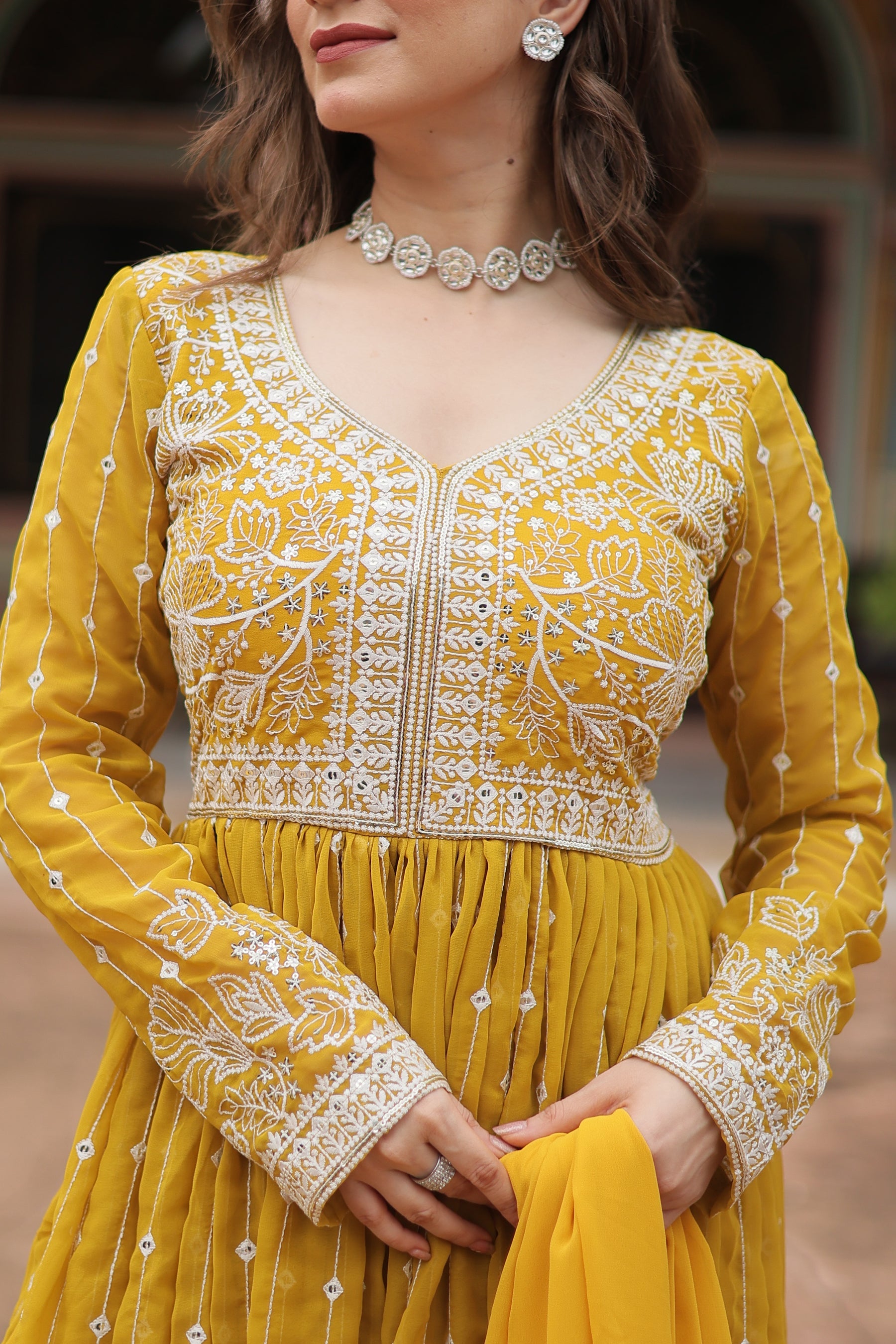 Lorenvalley Fashion Yellow Faux Georgette With Rich Sequins & Thread Embroidered Work Kurta Palazzo With Dupatta