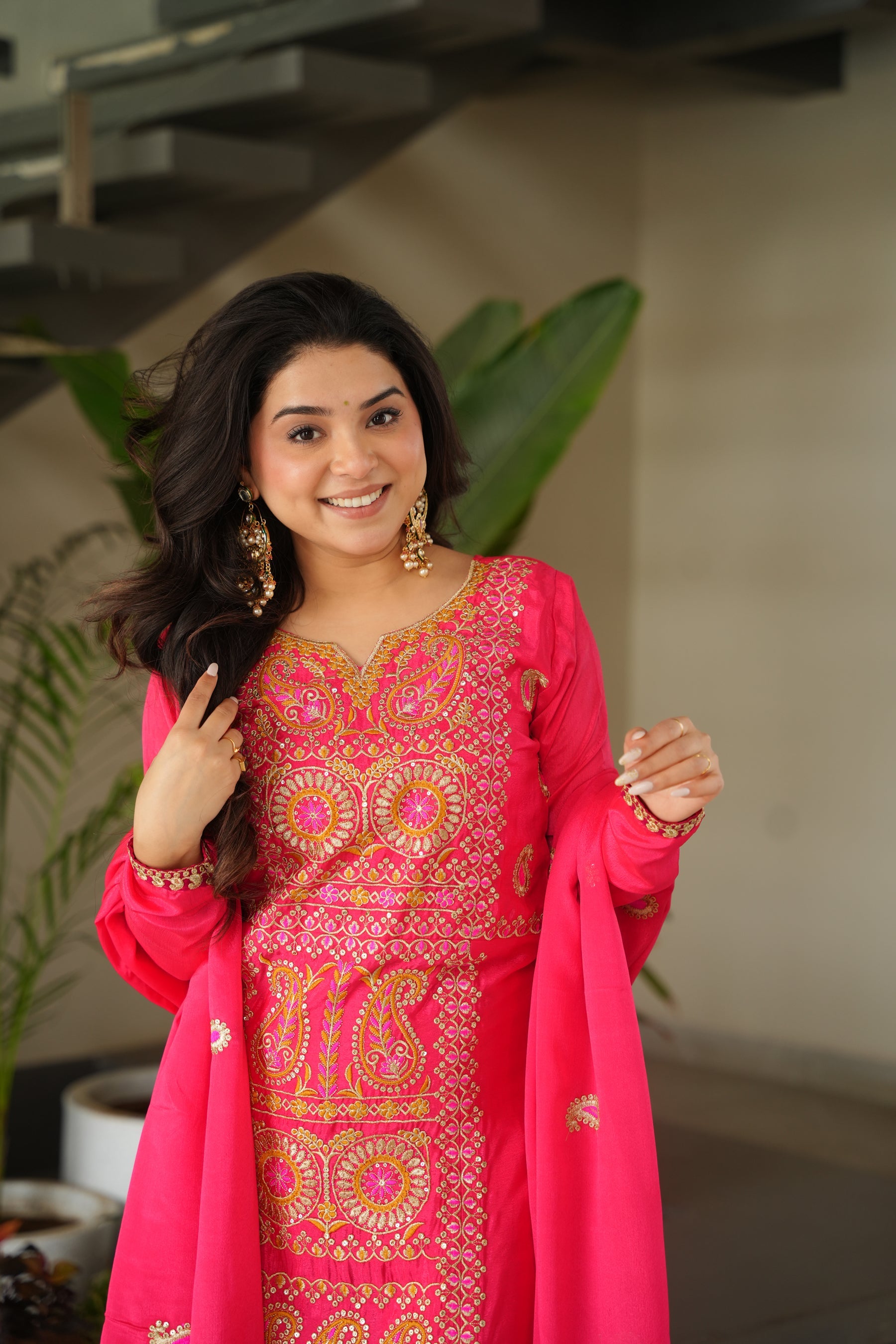 Lorenvalley Fashion Gajari Chinnon with Zari Multi & Thread Embroidered work Kurta Pant with Dupatta