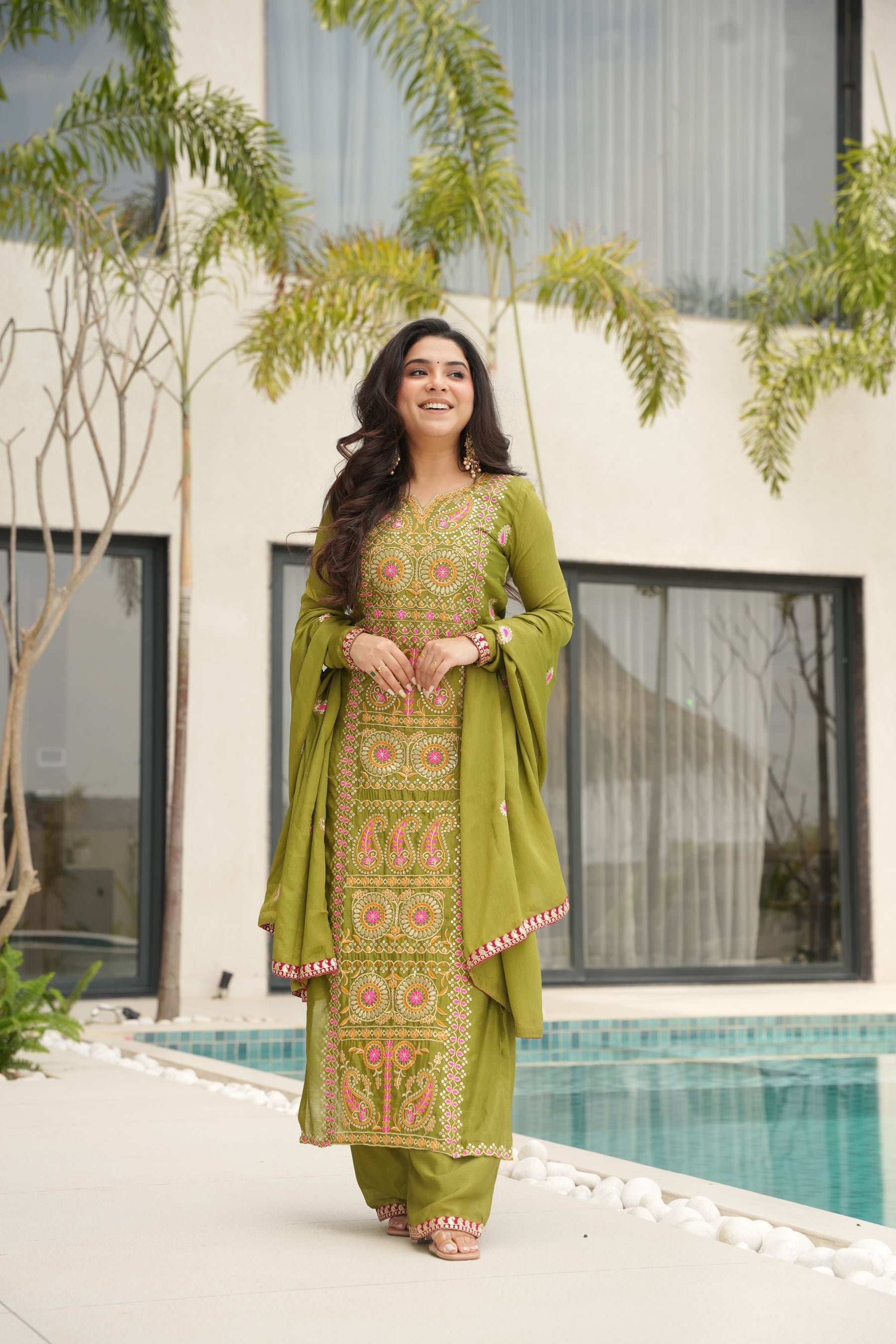 Lorenvalley Fashion Parrot Green Chinon Silk with Zari Multi & Thread Embroidered work Kurta Pant with Dupatta