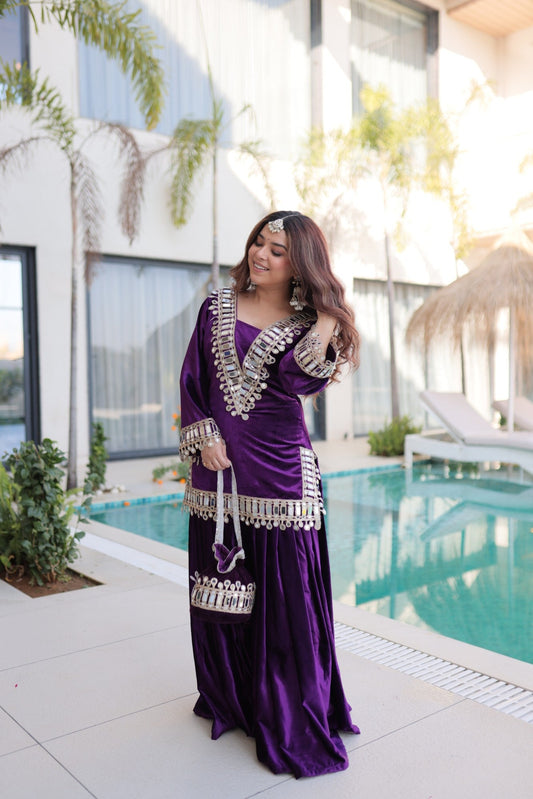 Lorenvalley Fashion Purple Velvet with Rich Zari Embroidered & Real Mirror work Kurta Palazzo with Dupatta