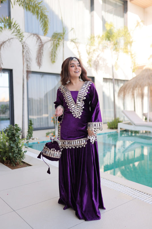 Lorenvalley Fashion Purple Velvet with Rich Zari Embroidered & Real Mirror work Kurta Palazzo with Dupatta