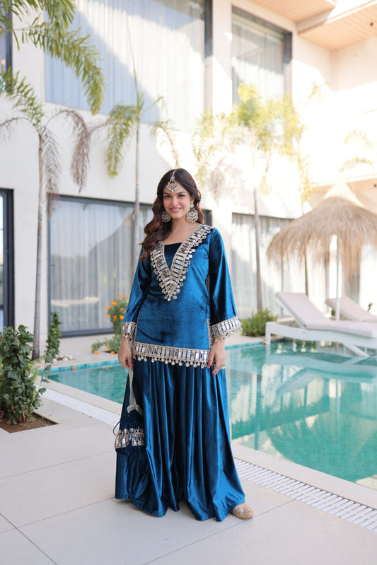 Lorenvalley Fashion Rama Velvet with Rich Zari Embroidered & Real Mirror work Kurta Palazzo with Dupatta
