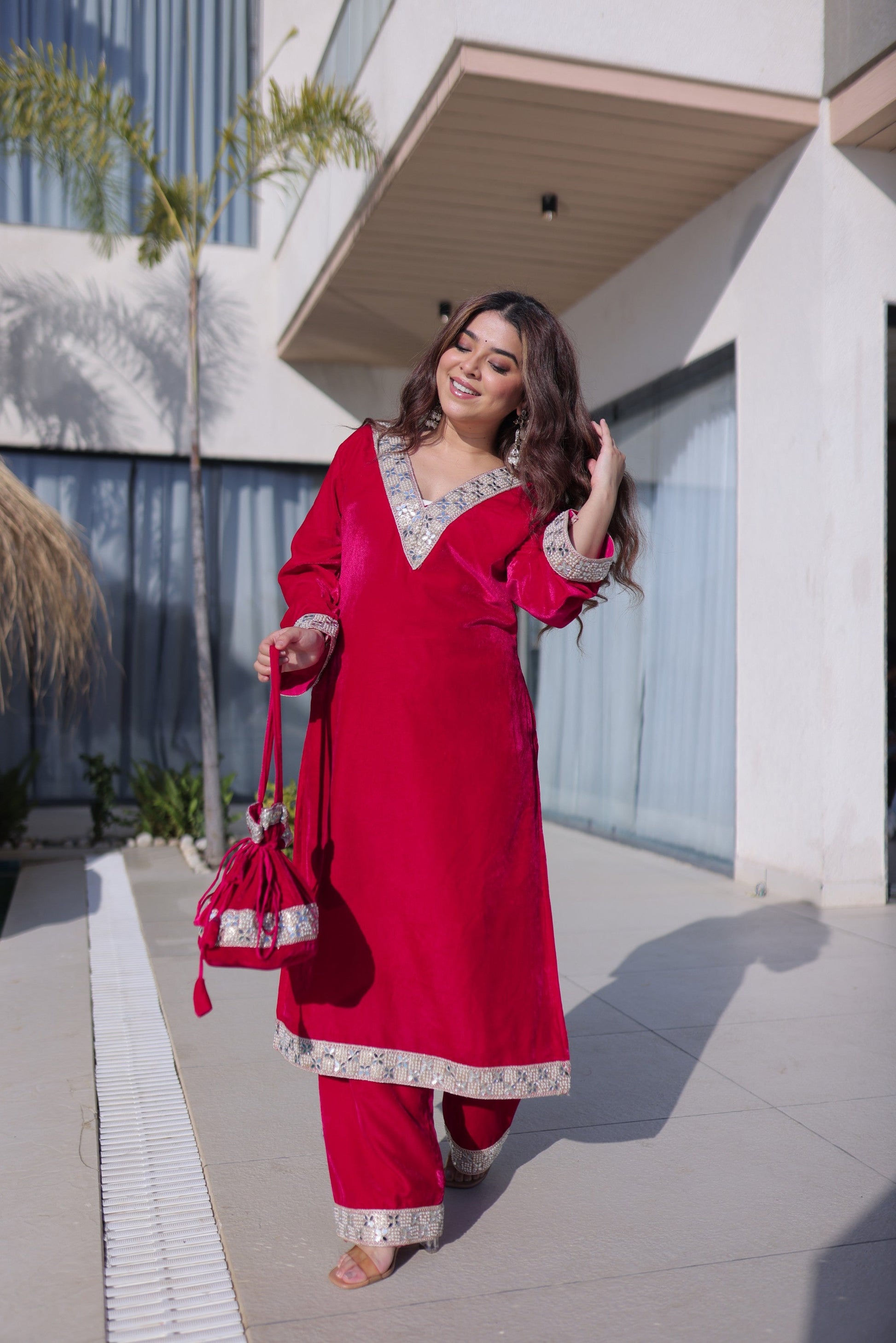 Lorenvalley Fashion Pink 9000 Velvet with Rich Zari Embroidered & Real Mirror Work Kurta Pant with Batwa