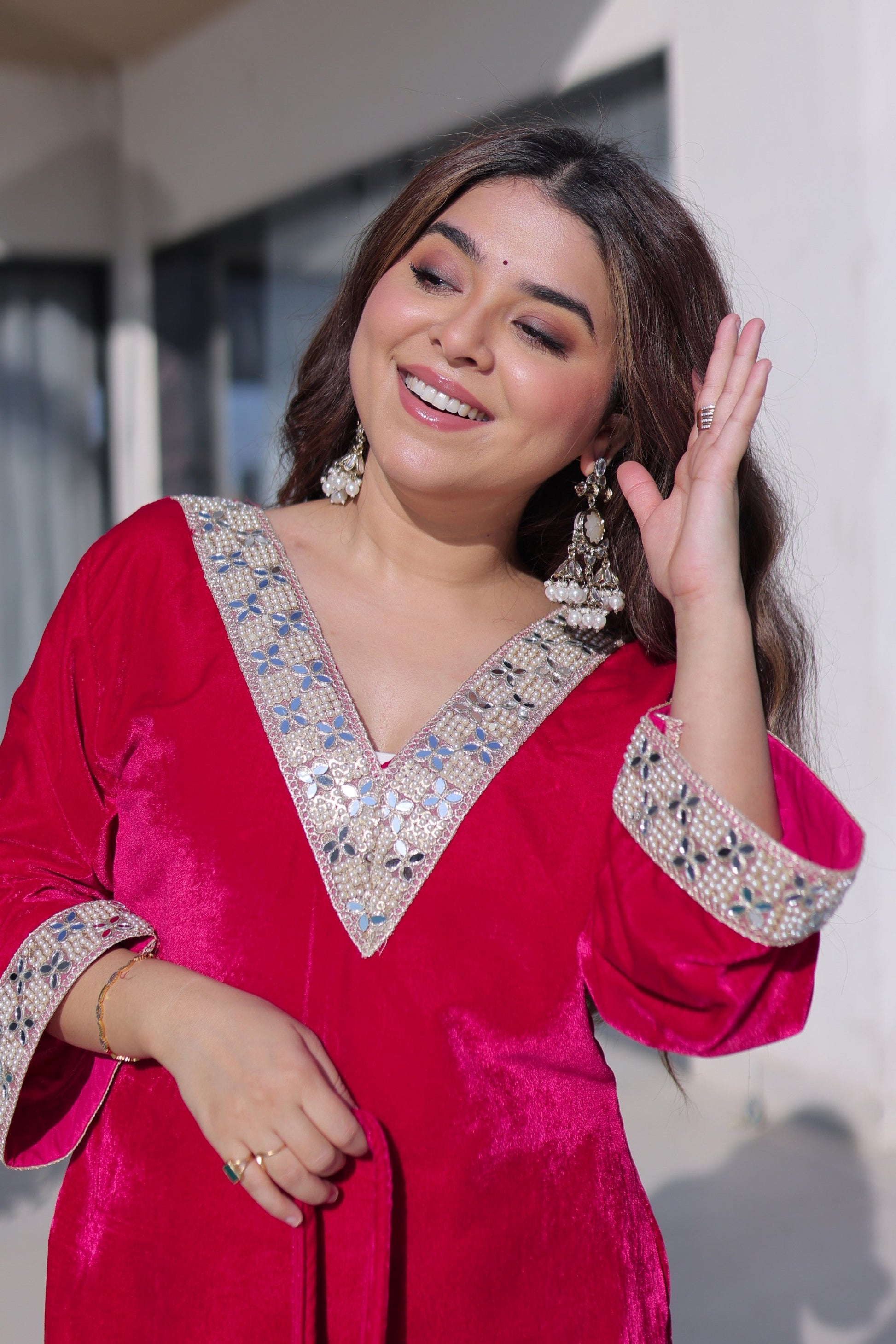Lorenvalley Fashion Pink 9000 Velvet with Rich Zari Embroidered & Real Mirror Work Kurta Pant with Batwa
