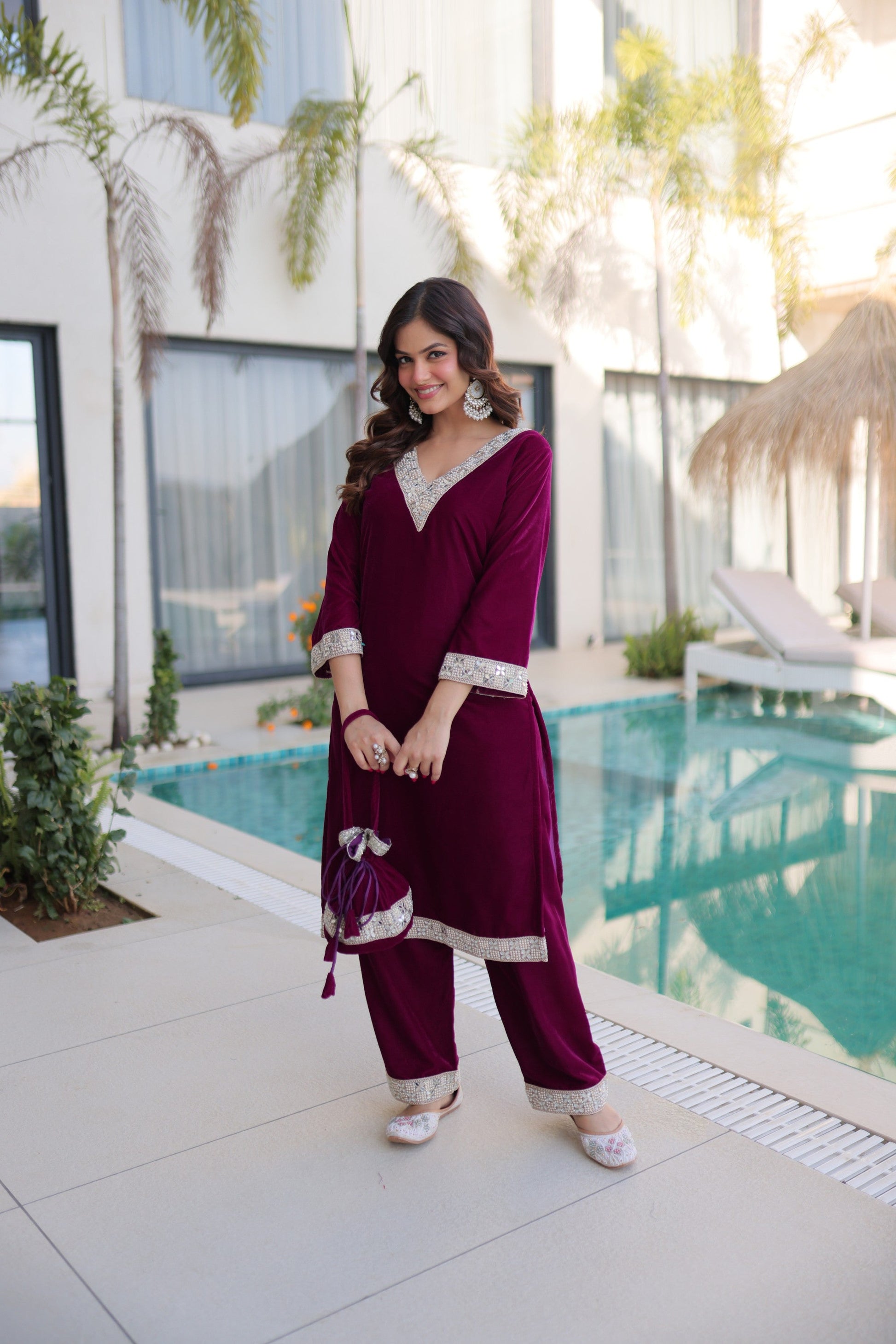 Lorenvalley Fashion Wine 9000 Velvet with Rich Zari Embroidered & Real Mirror Work Kurta Pant with Batwa