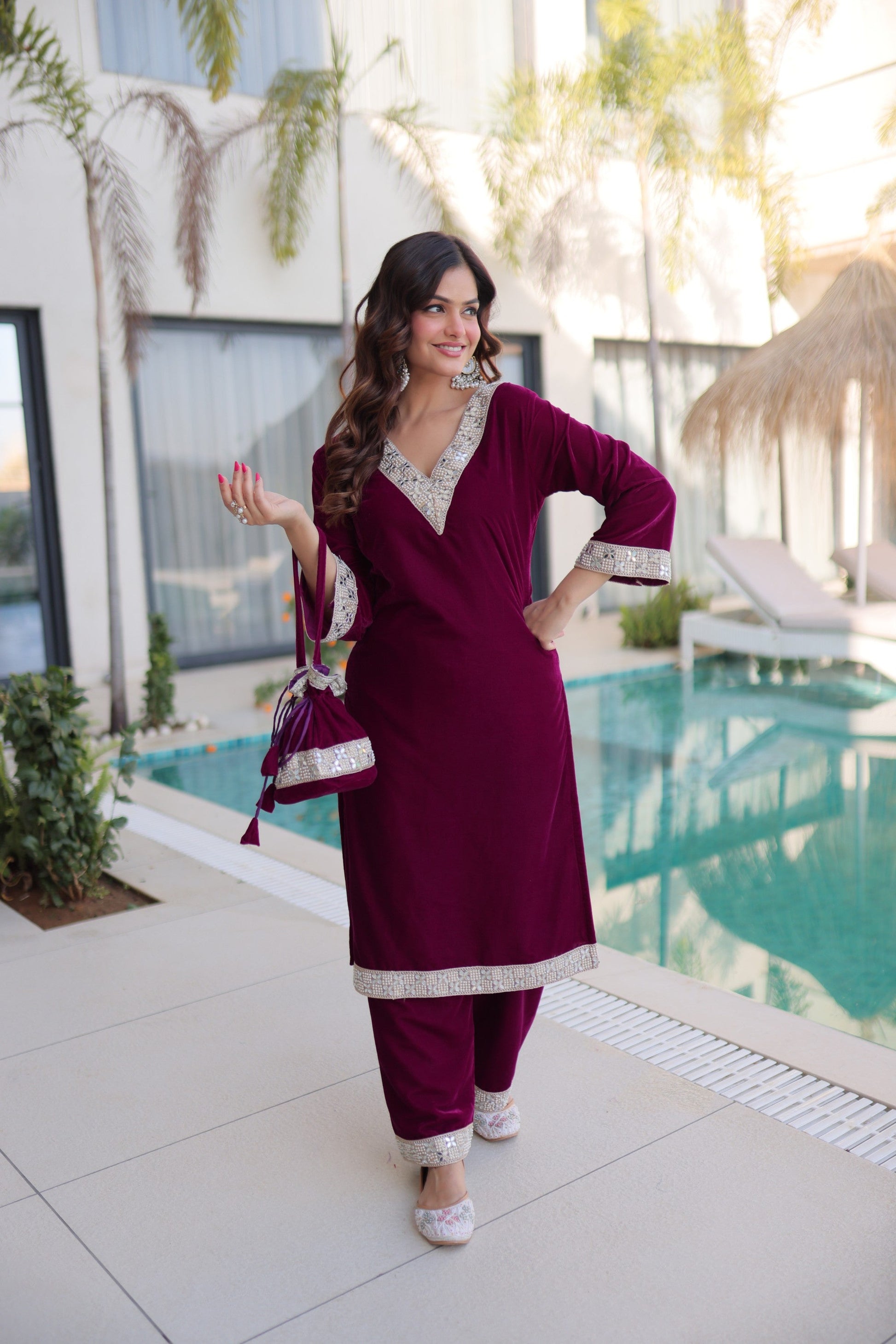 Lorenvalley Fashion Wine 9000 Velvet with Rich Zari Embroidered & Real Mirror Work Kurta Pant with Batwa