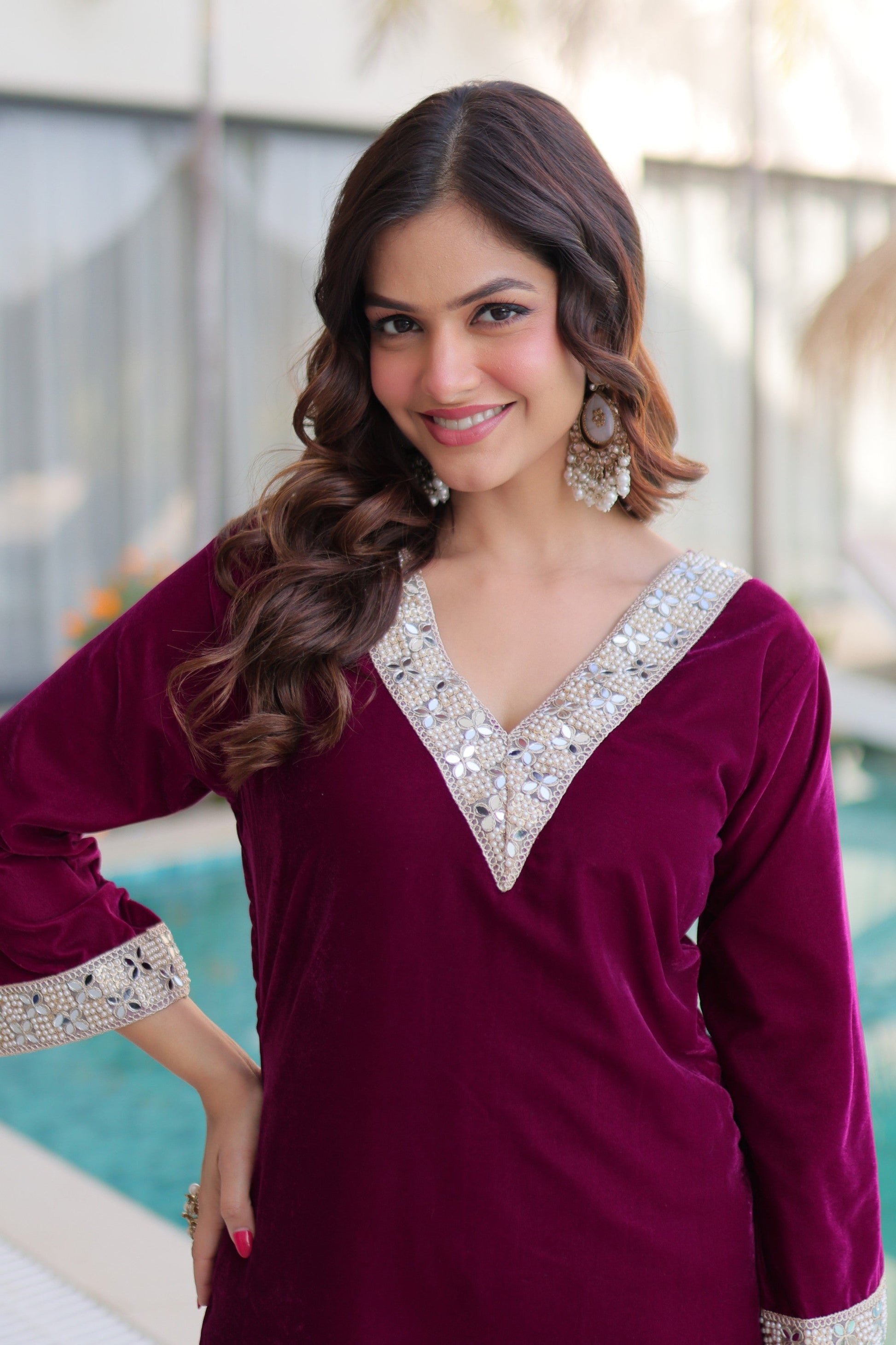 Lorenvalley Fashion Wine 9000 Velvet with Rich Zari Embroidered & Real Mirror Work Kurta Pant with Batwa
