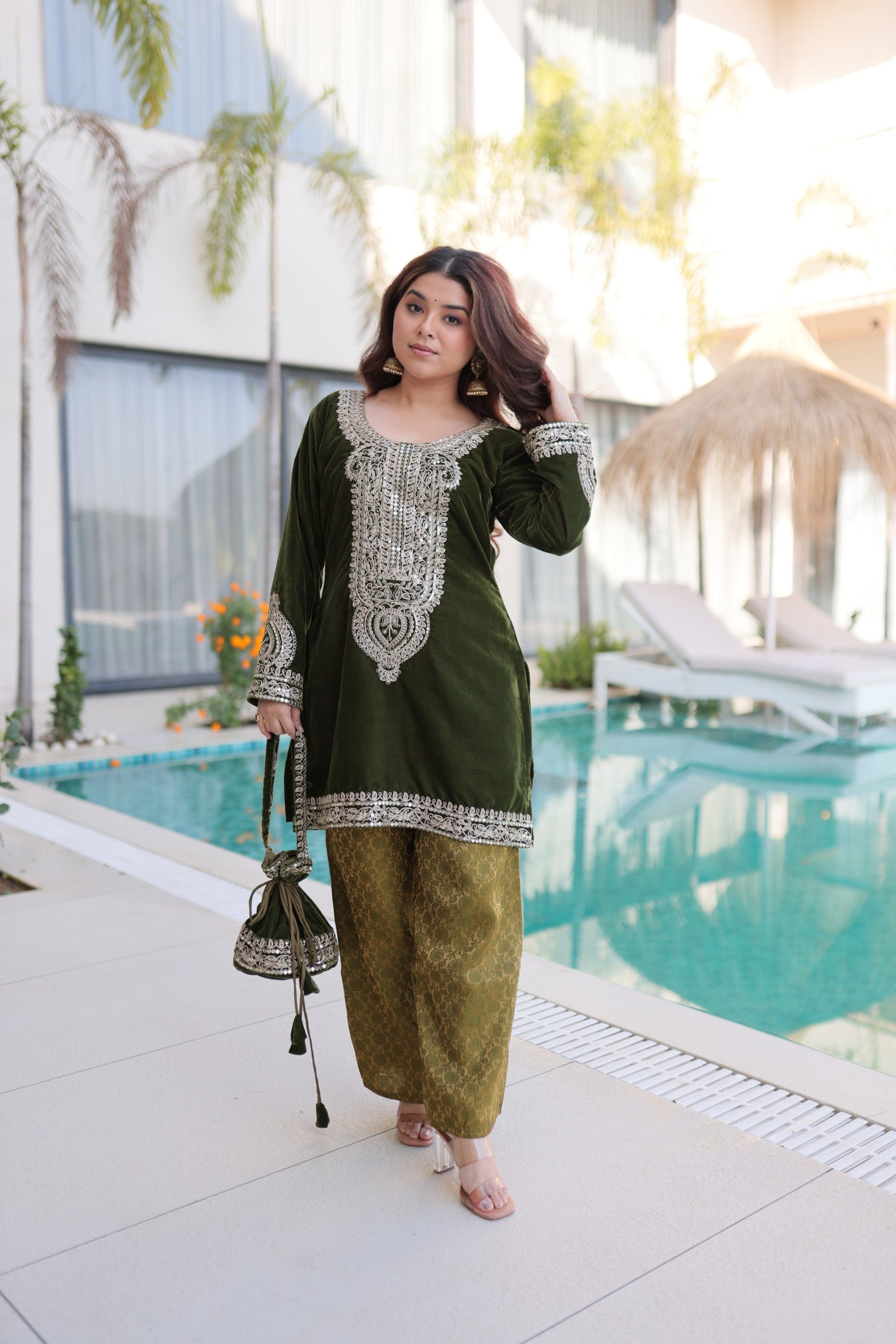Lorenvalley Fashion Mehendi 9000 Velvet with Rich Zari Coding Embroidered Work Kurta Pant with Batwa