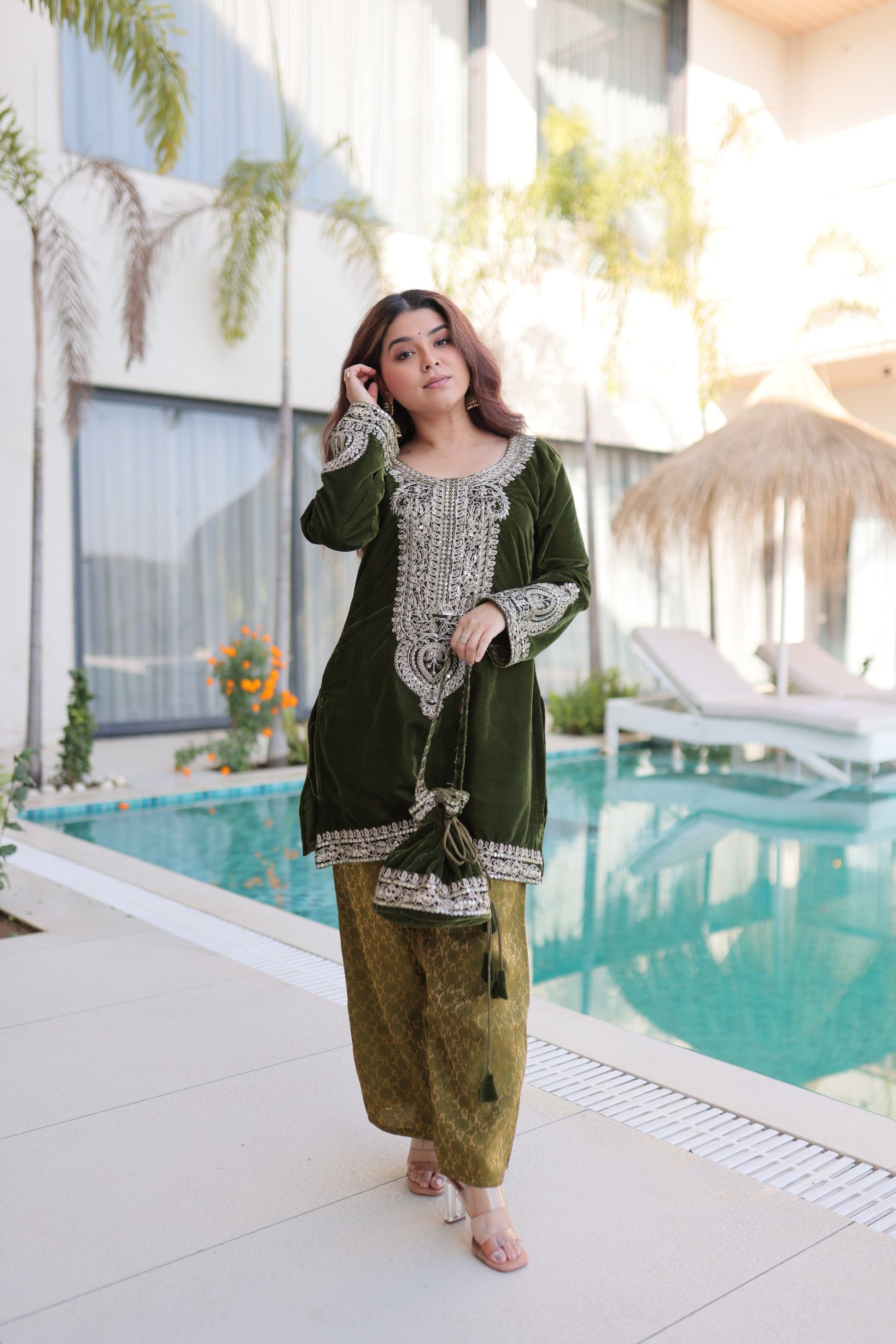 Lorenvalley Fashion Mehendi 9000 Velvet with Rich Zari Coding Embroidered Work Kurta Pant with Batwa
