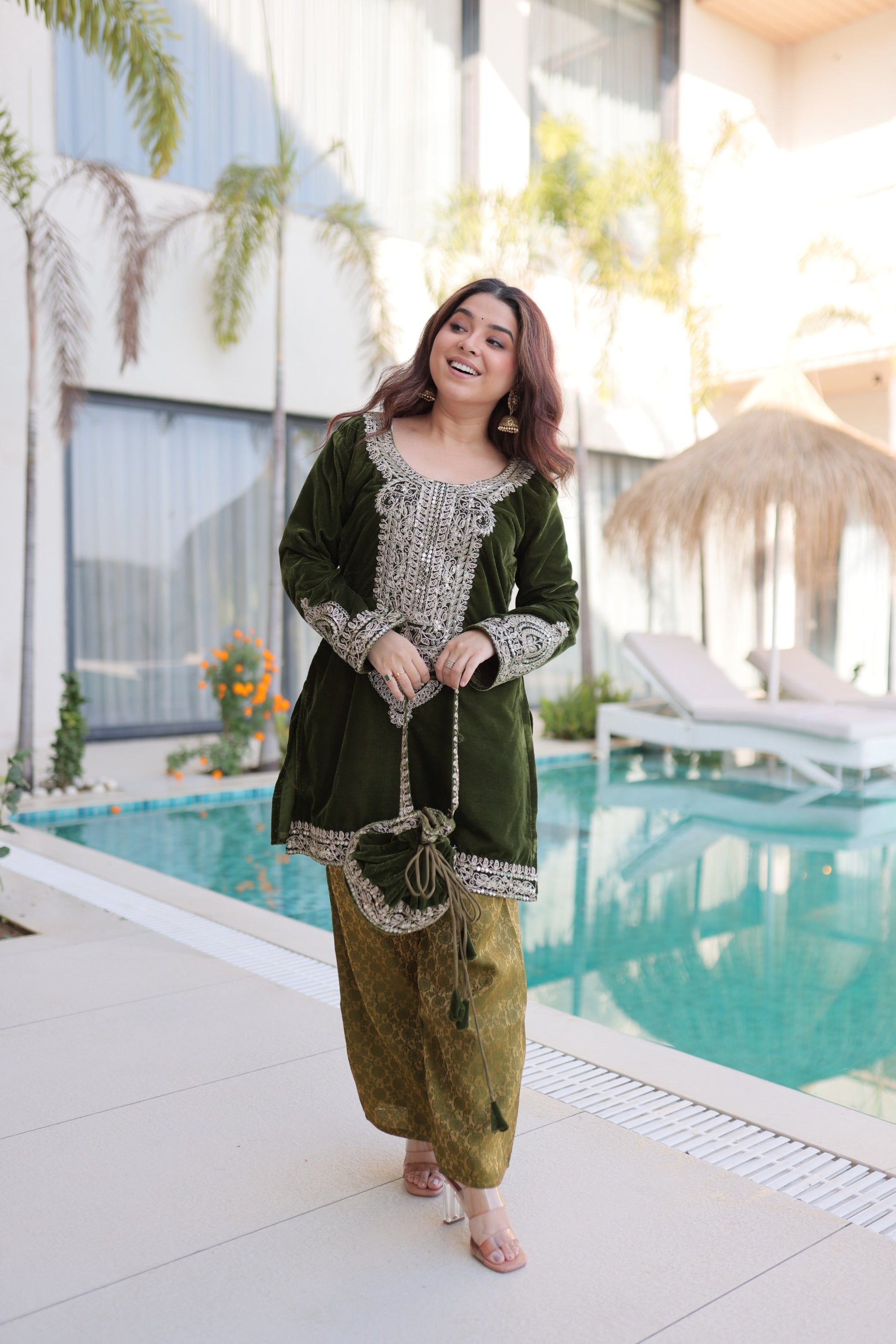 Lorenvalley Fashion Mehendi 9000 Velvet with Rich Zari Coding Embroidered Work Kurta Pant with Batwa