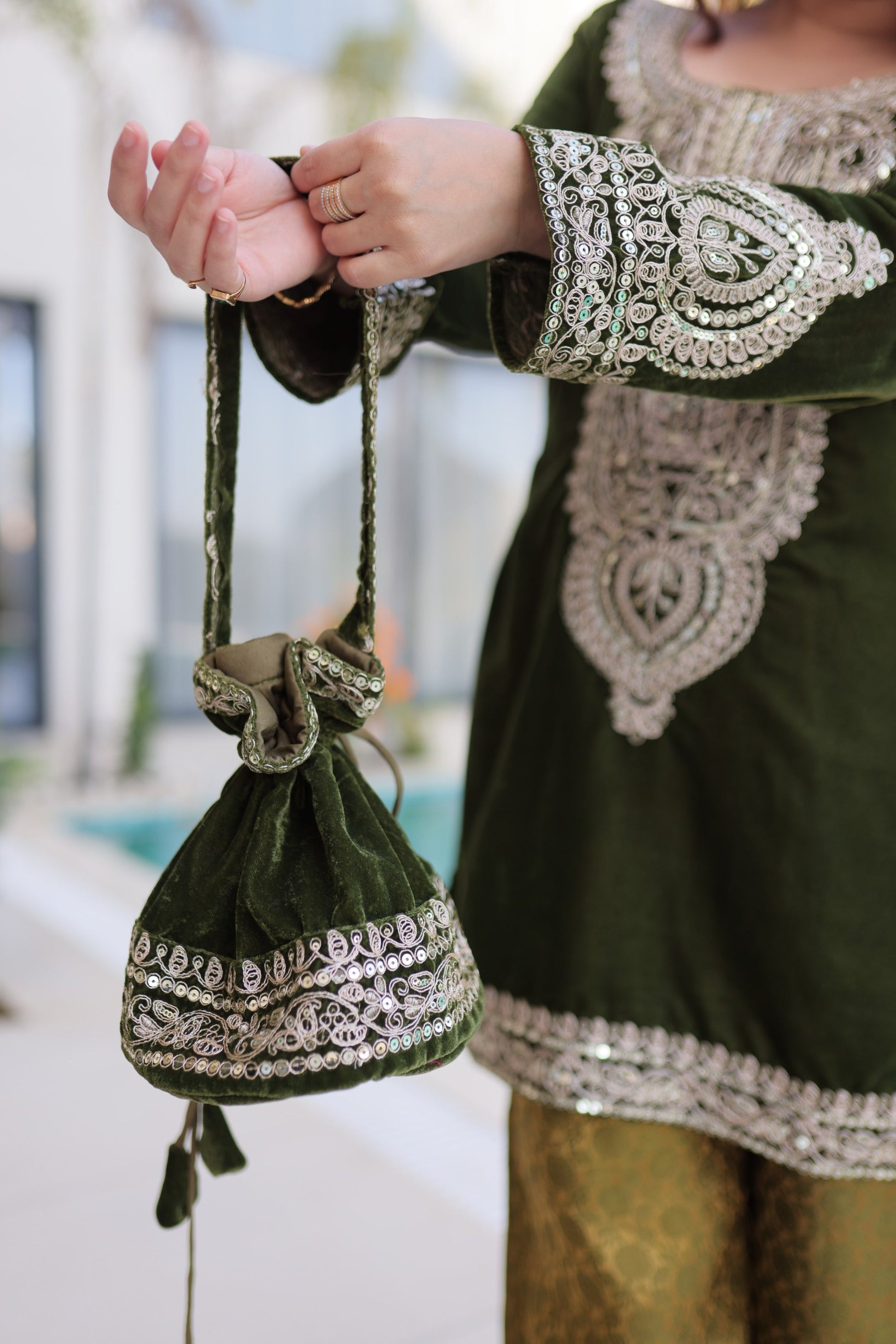 Lorenvalley Fashion Mehendi 9000 Velvet with Rich Zari Coding Embroidered Work Kurta Pant with Batwa