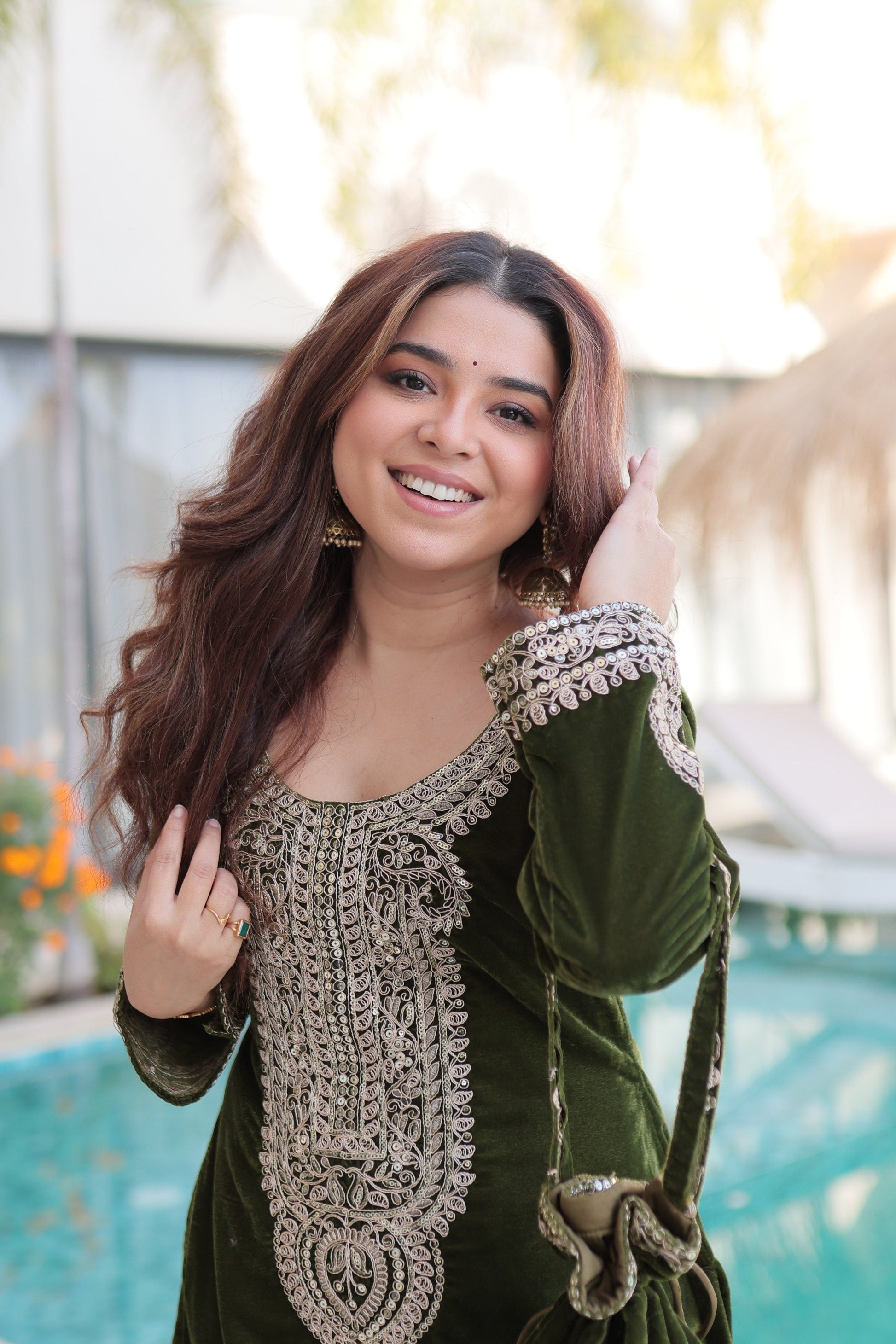 Lorenvalley Fashion Mehendi 9000 Velvet with Rich Zari Coding Embroidered Work Kurta Pant with Batwa