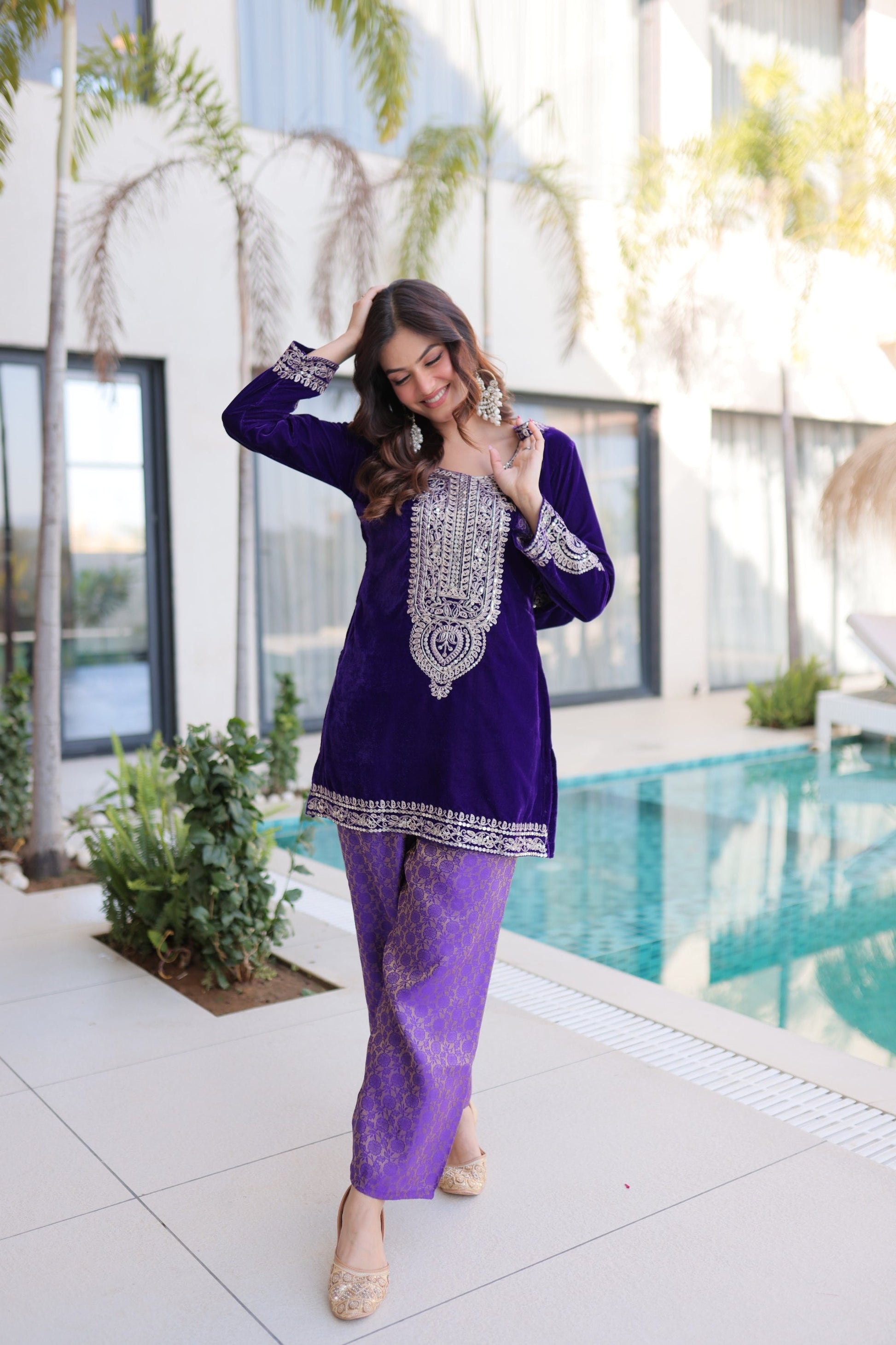 Lorenvalley Fashion Purple 9000 Velvet with Rich Zari Coding Embroidered Work Kurta Pant with Batwa