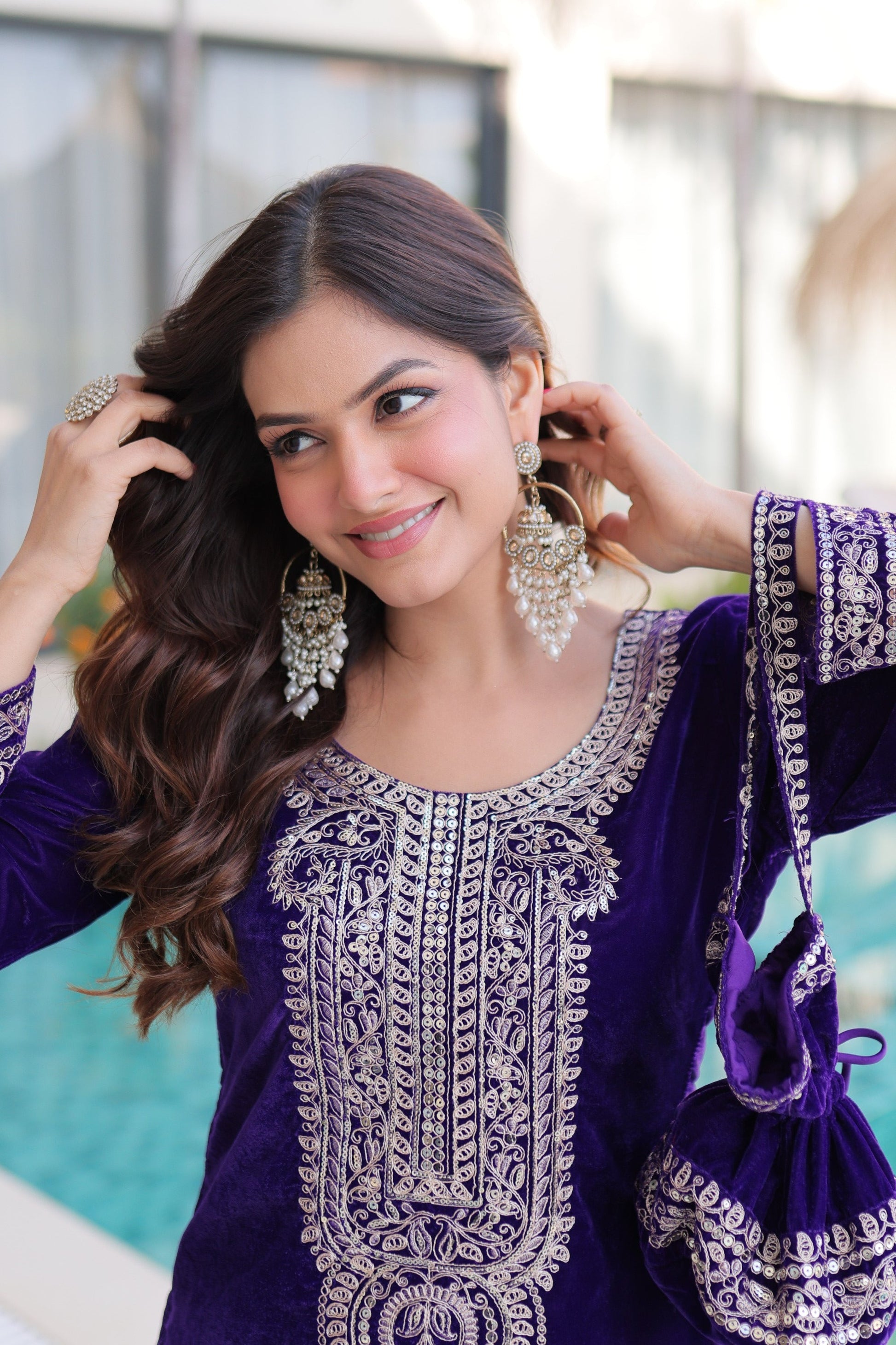 Lorenvalley Fashion Purple 9000 Velvet with Rich Zari Coding Embroidered Work Kurta Pant with Batwa