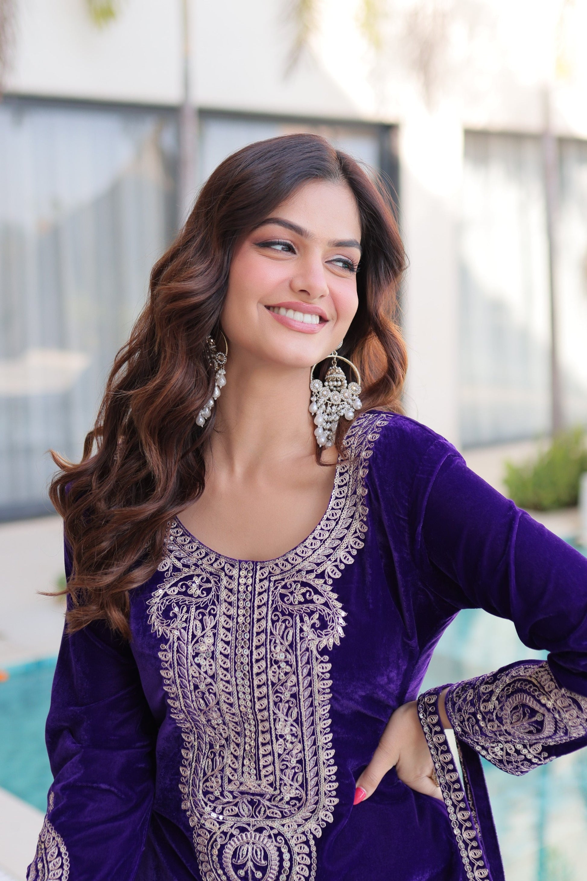 Lorenvalley Fashion Purple 9000 Velvet with Rich Zari Coding Embroidered Work Kurta Pant with Batwa