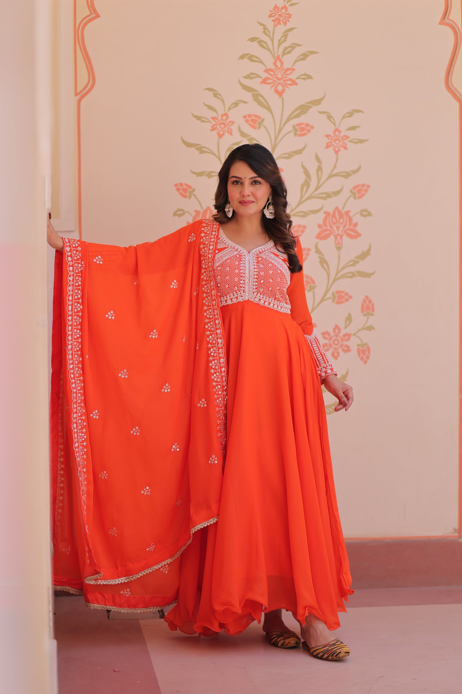 Lorenvalley Fashion Orange Star Georgette With Rich Sequins Coding & Beads Embroidered work Gown with Dupatta