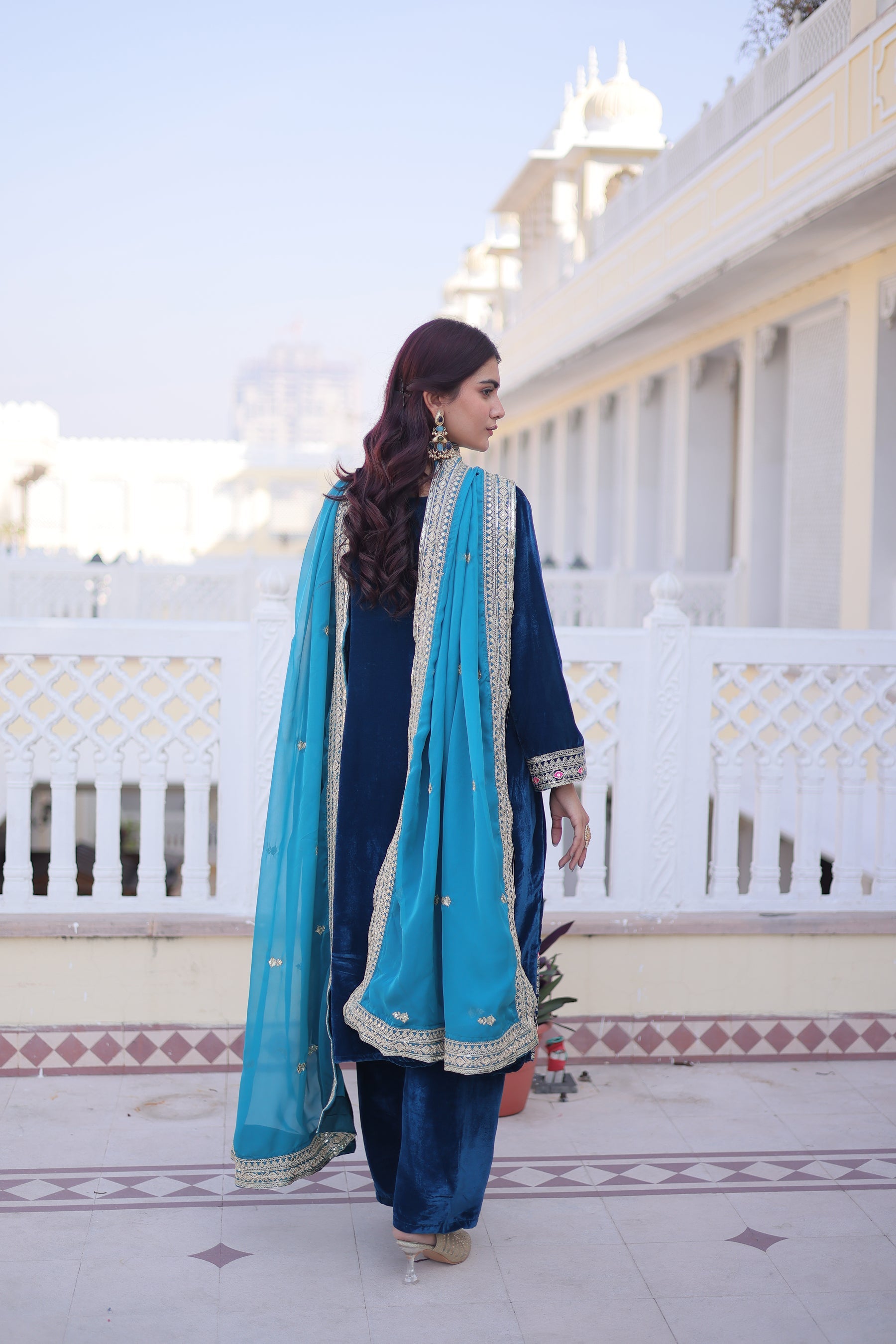 Lorenvalley Fashion Rama 9000 Velvet with Sequins & Coding & Thread Embroidered work Kurta Pant with Dupatta